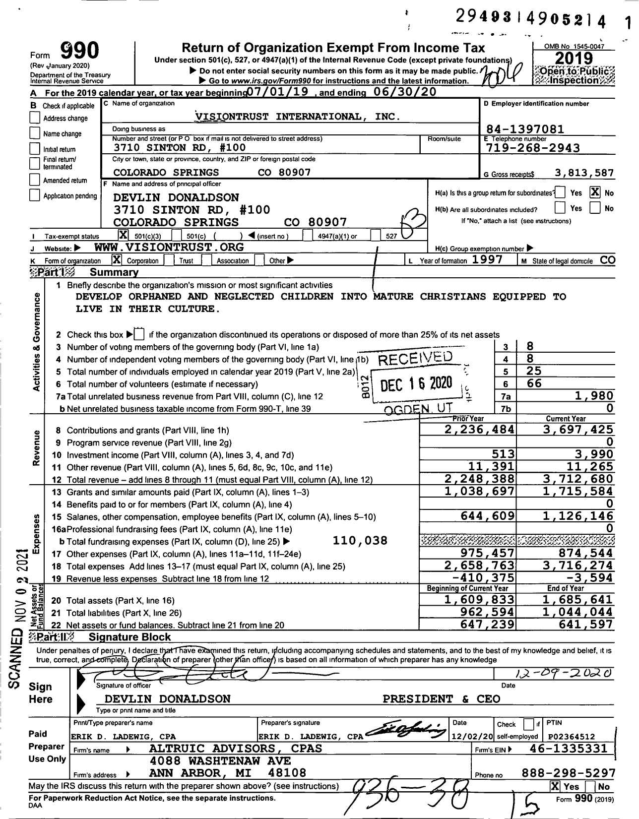 Image of first page of 2019 Form 990 for VisionTrust International