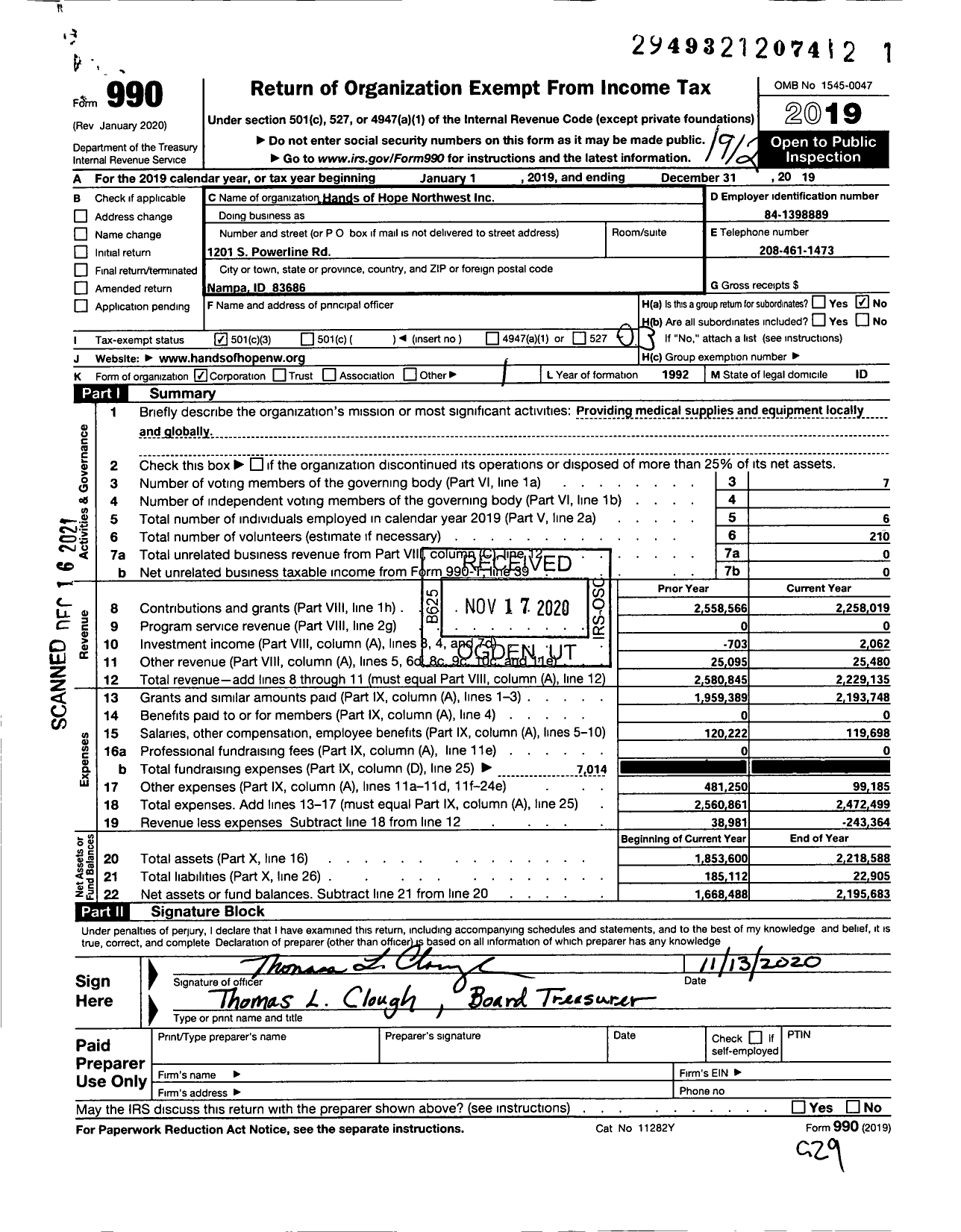 Image of first page of 2019 Form 990 for Hands of Hope Northwest