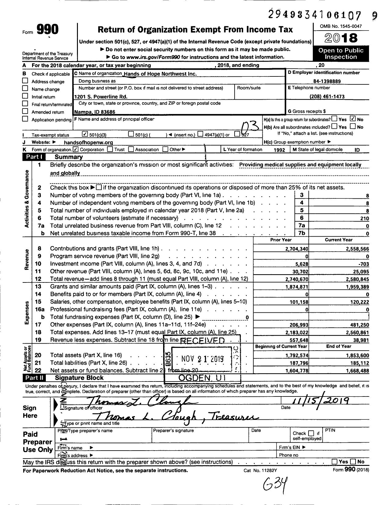 Image of first page of 2018 Form 990 for Hands of Hope Northwest