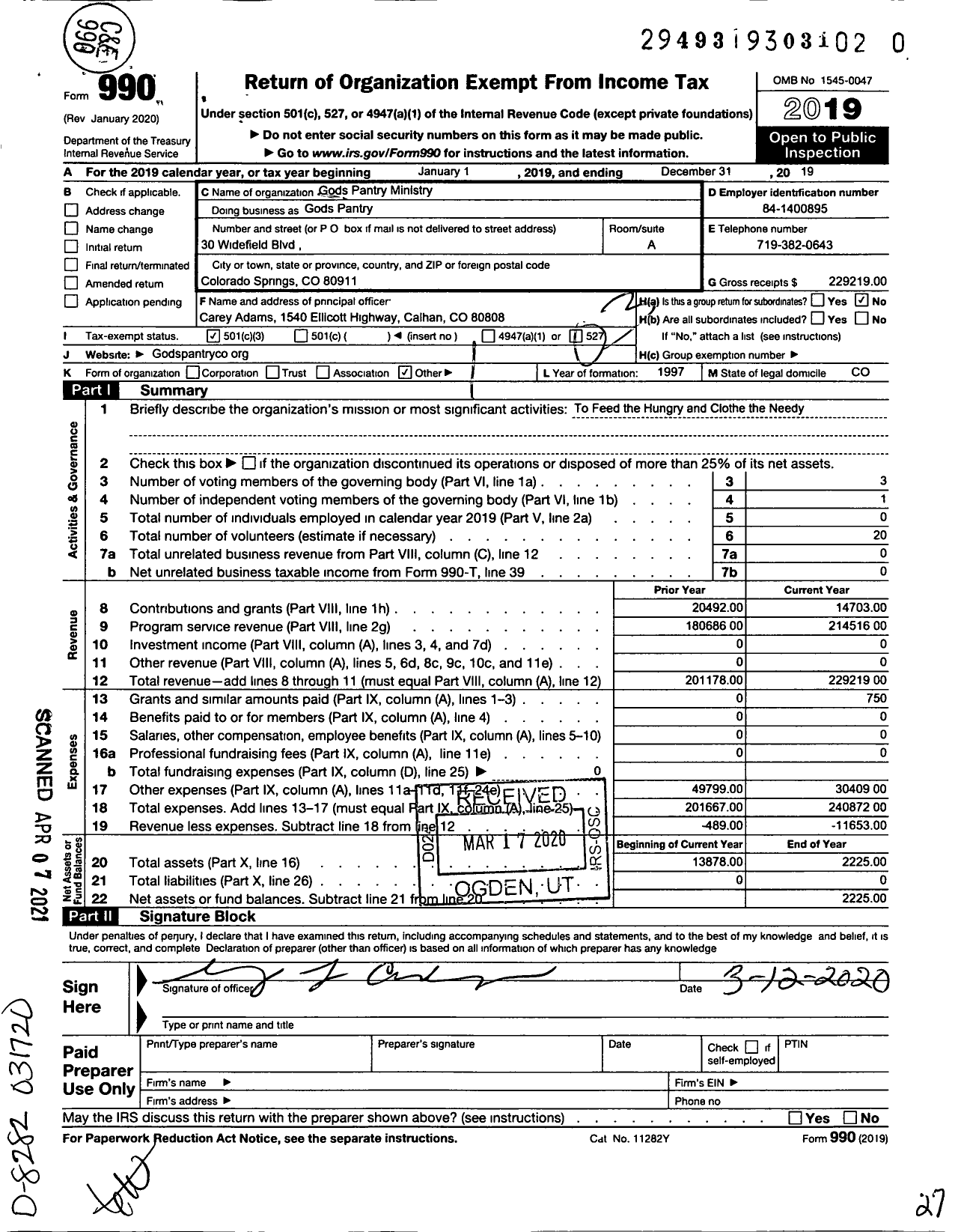 Image of first page of 2019 Form 990 for Gods Pantry / God's Pantry Ministry