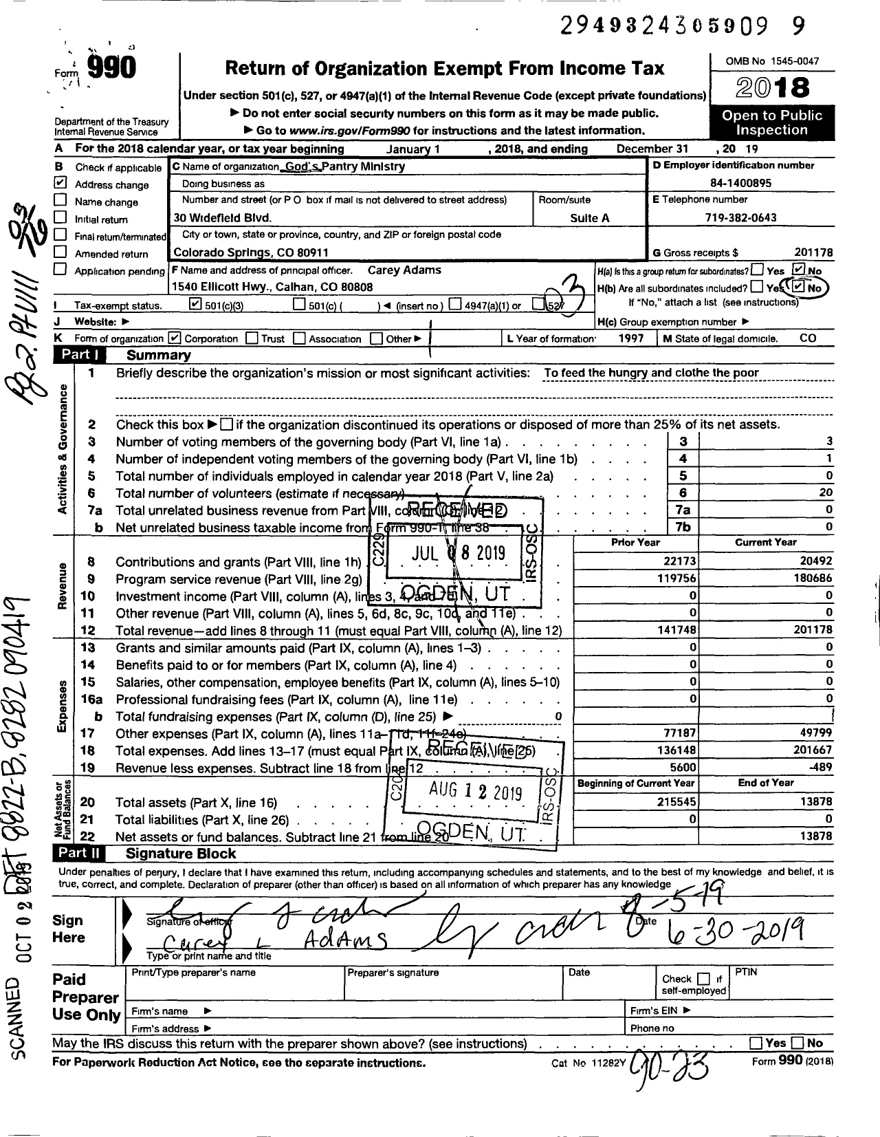 Image of first page of 2018 Form 990 for Gods Pantry / God's Pantry Ministry