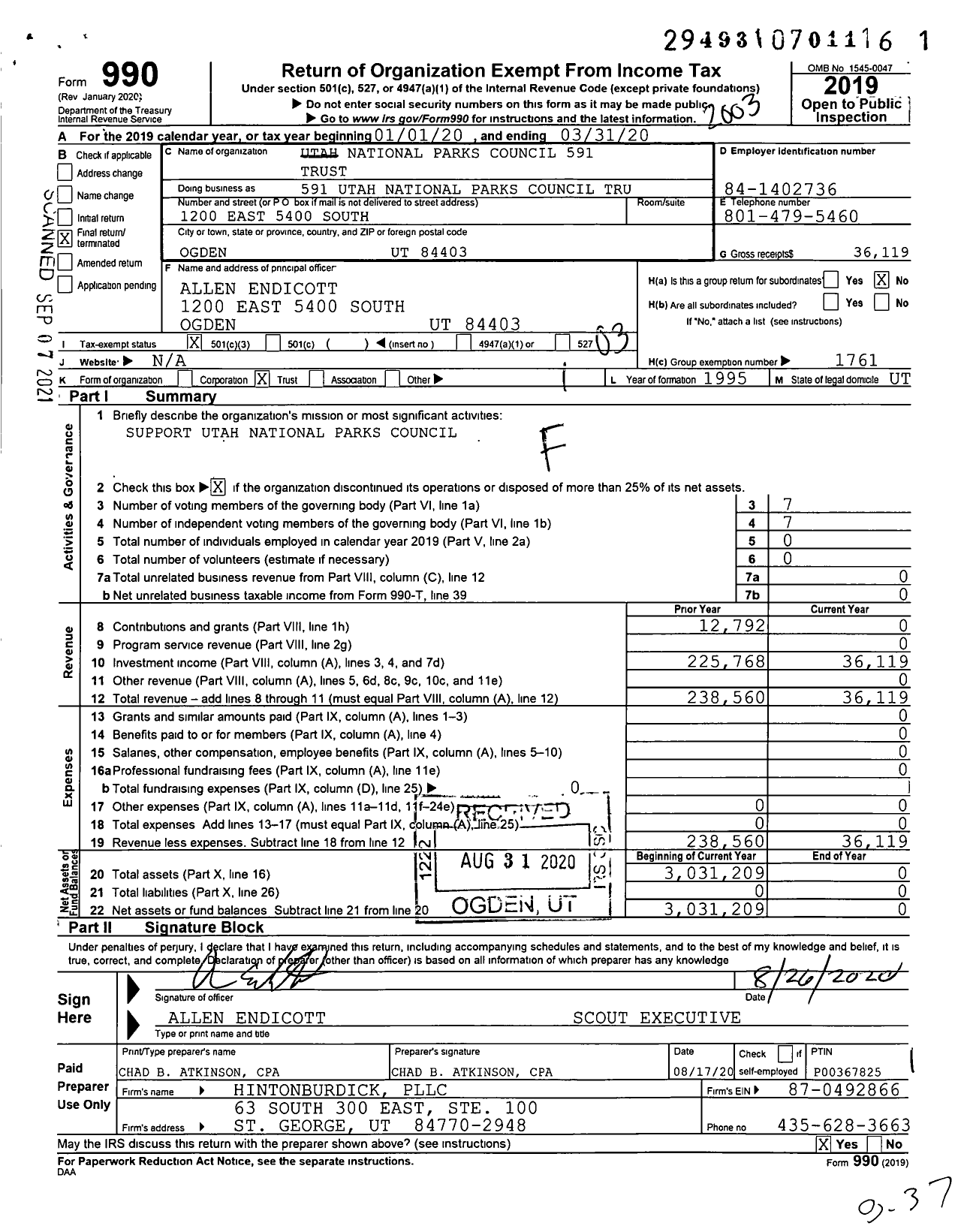 Image of first page of 2019 Form 990 for Boy Scouts of America - 591 Utah National Parks Council Tru