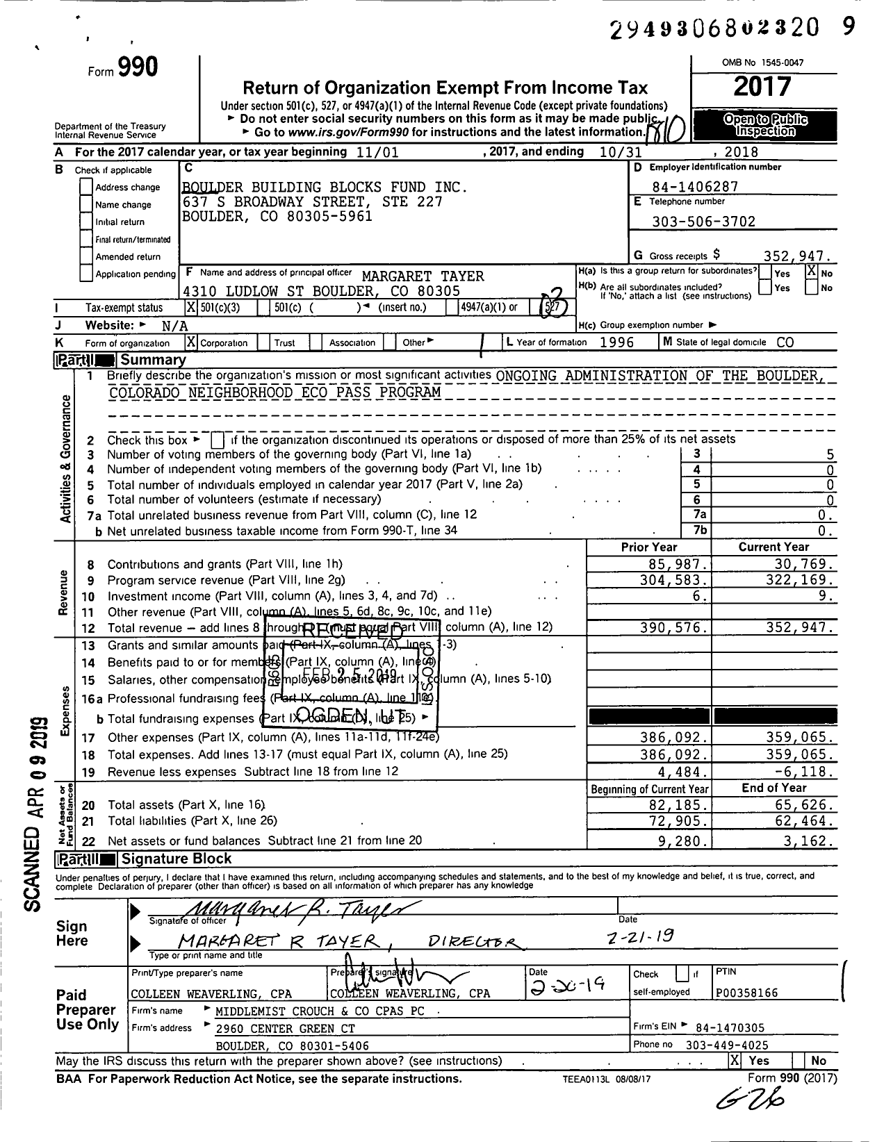 Image of first page of 2017 Form 990 for Boulder Building Blocks Fund