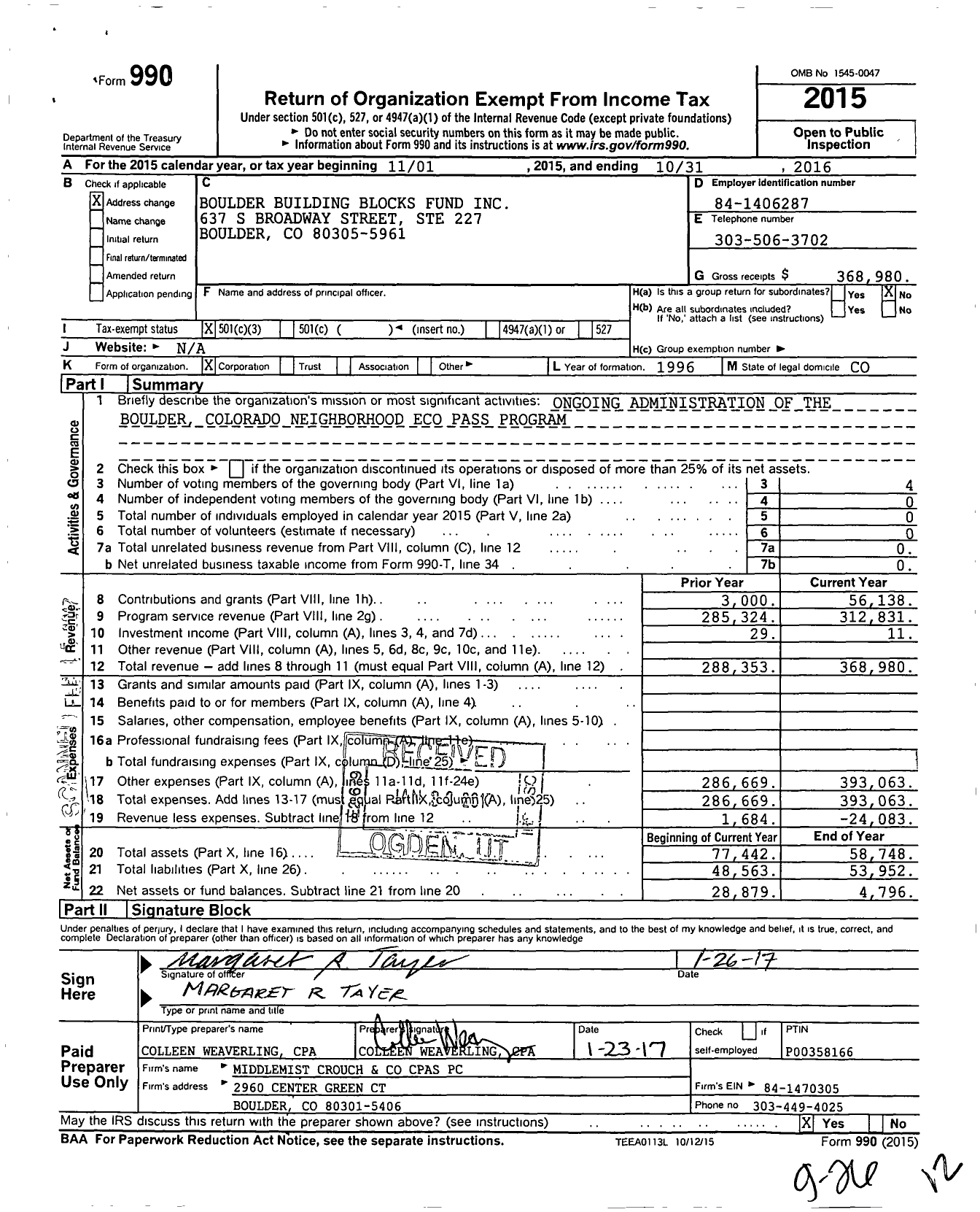 Image of first page of 2015 Form 990 for Boulder Building Blocks Fund