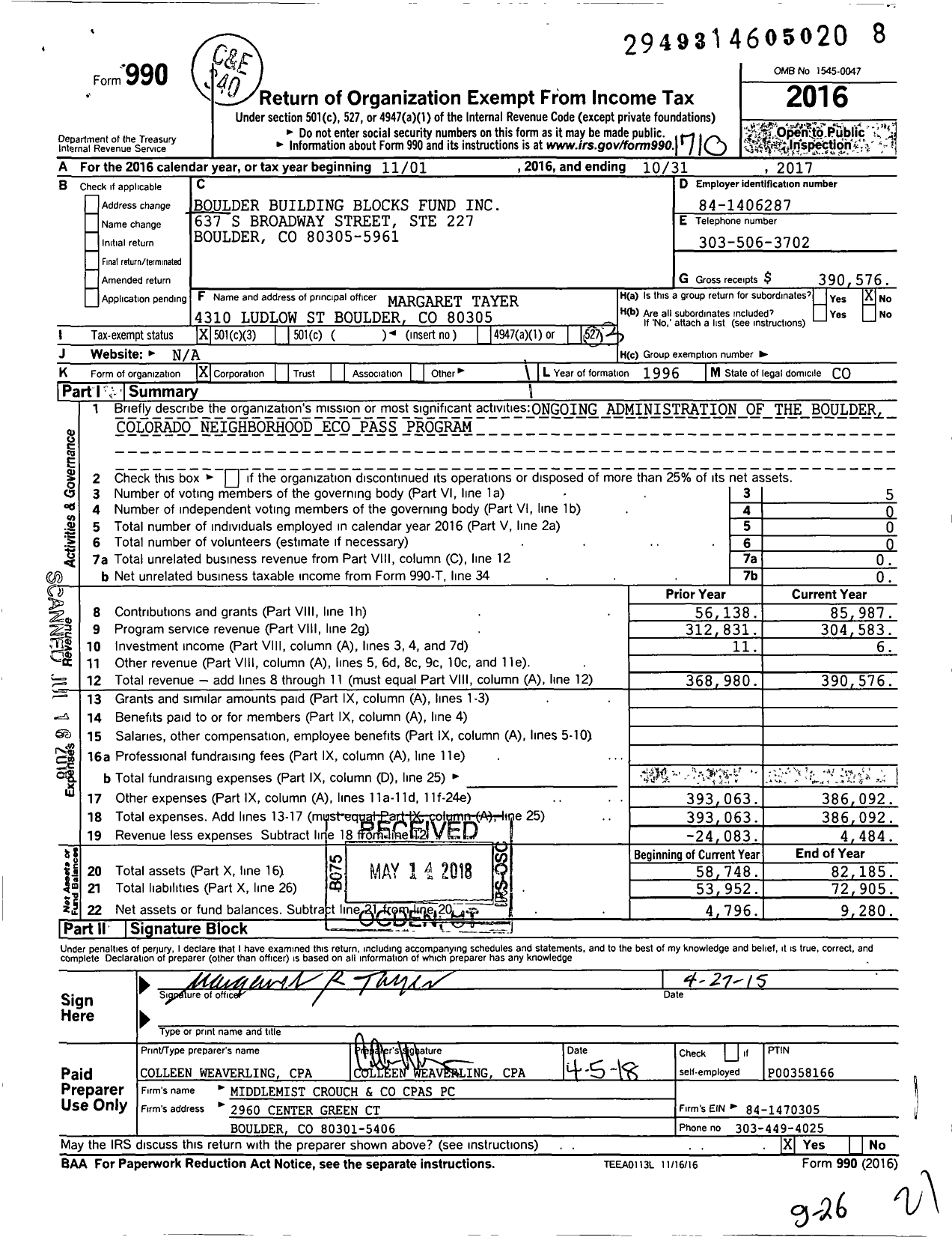 Image of first page of 2016 Form 990 for Boulder Building Blocks Fund