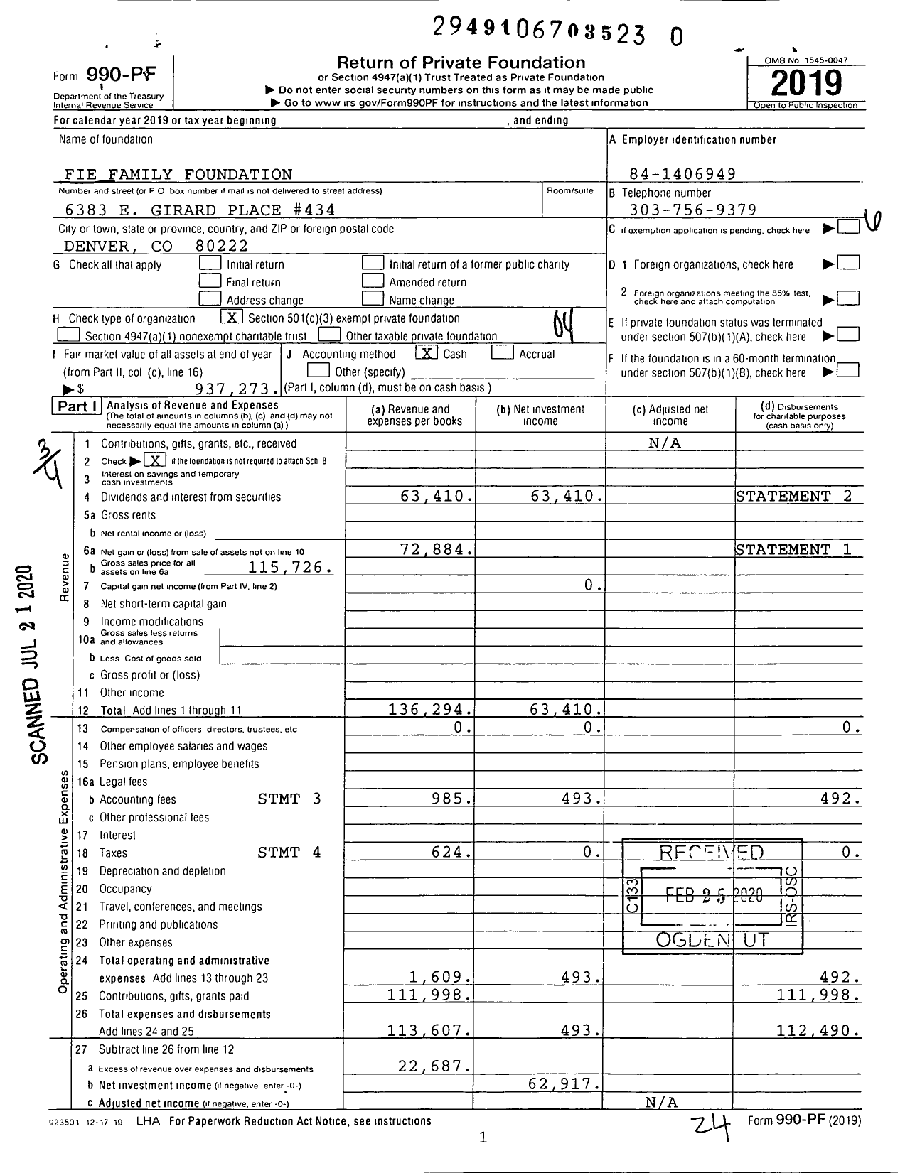 Image of first page of 2019 Form 990PR for Fie Family Foundation