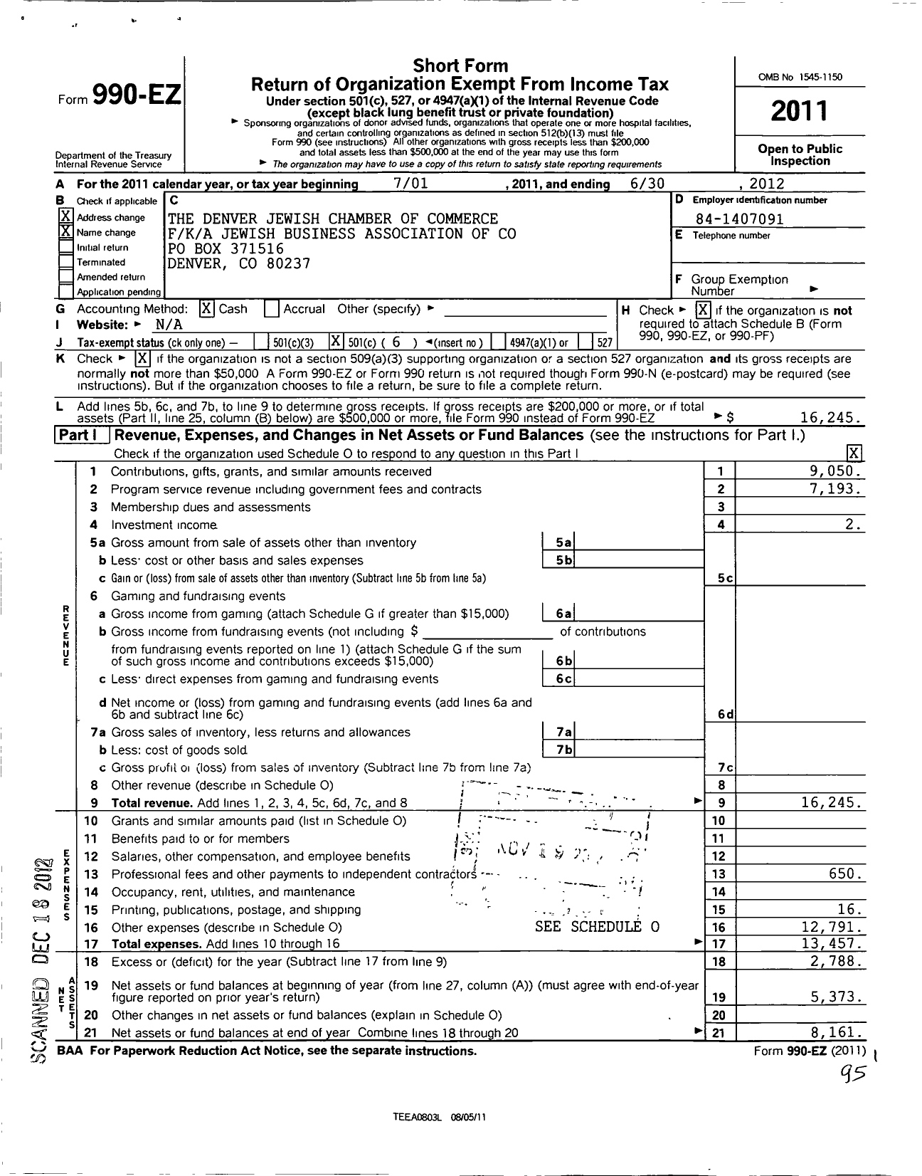 Image of first page of 2011 Form 990EO for Denver Jewish Chamber of Commerce