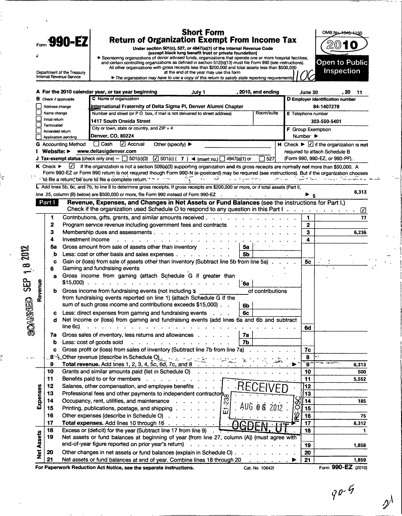 Image of first page of 2010 Form 990EO for International Fraternity of Delta Sigma Pi / Denver Alumni Chapter