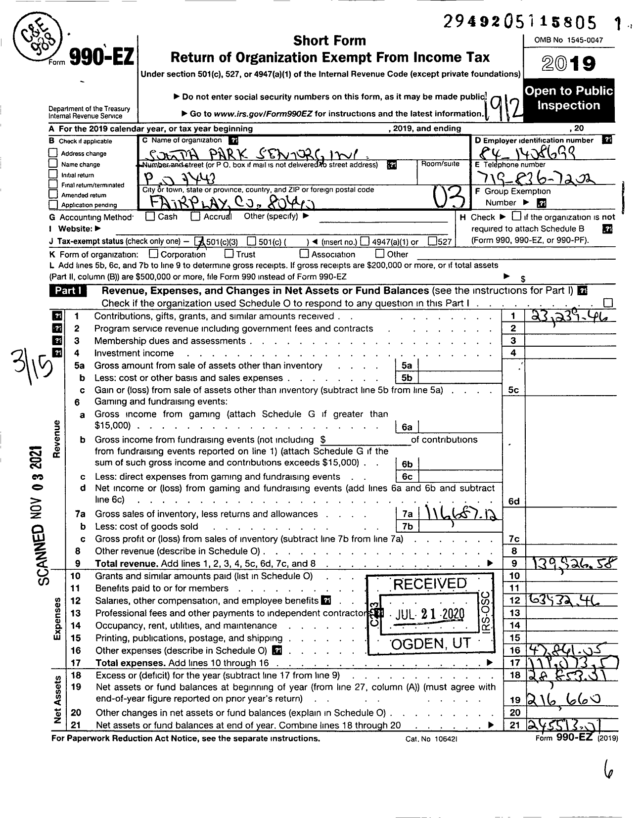 Image of first page of 2019 Form 990EZ for South Park Seniors
