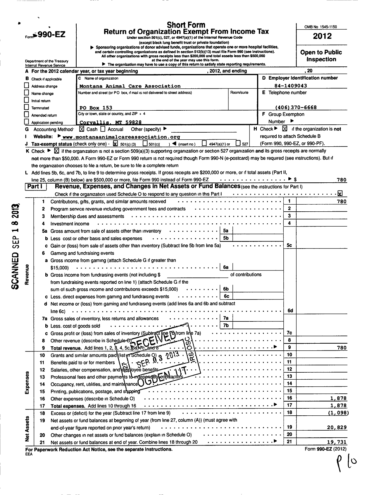 Image of first page of 2012 Form 990EZ for Montana Animal Care Association