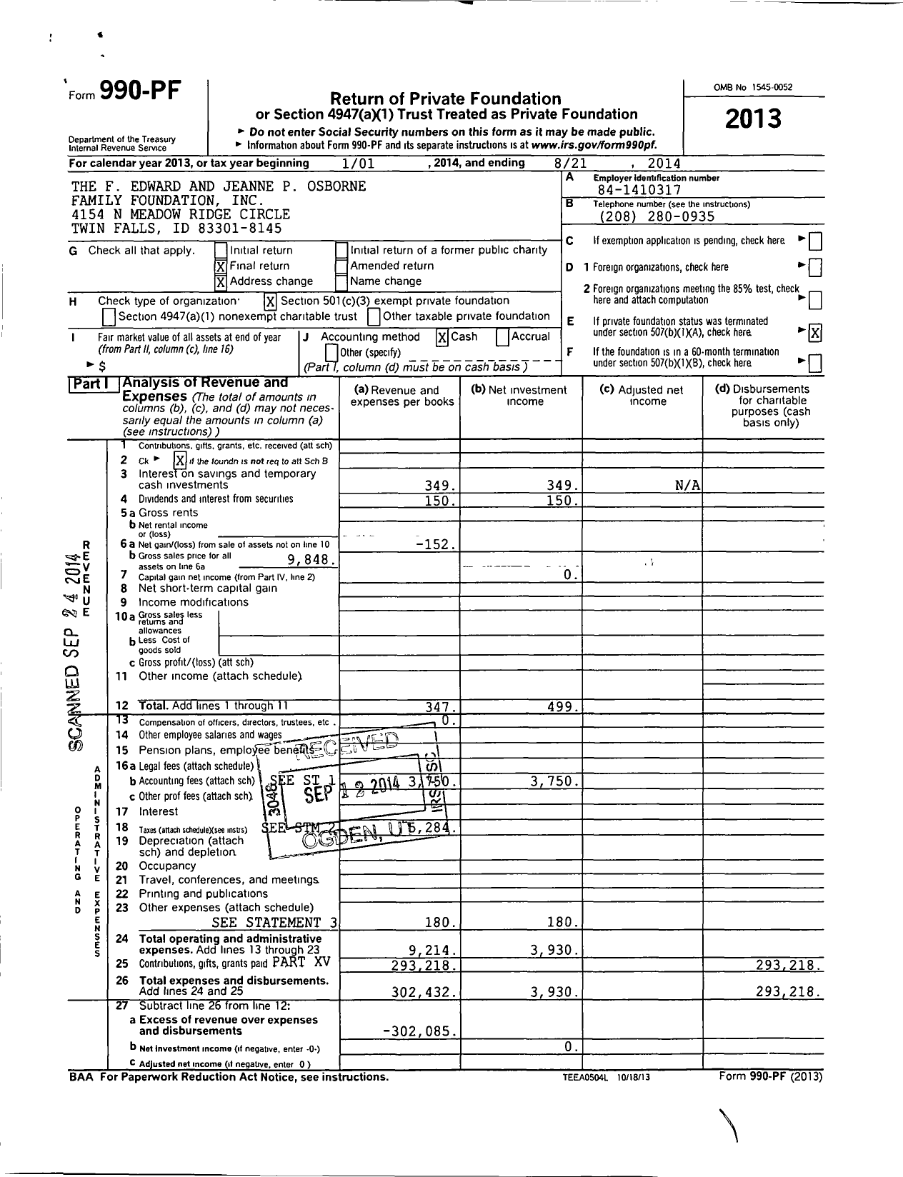 Image of first page of 2013 Form 990PF for The F Edward and Jeanne P Osborne Family Foundation