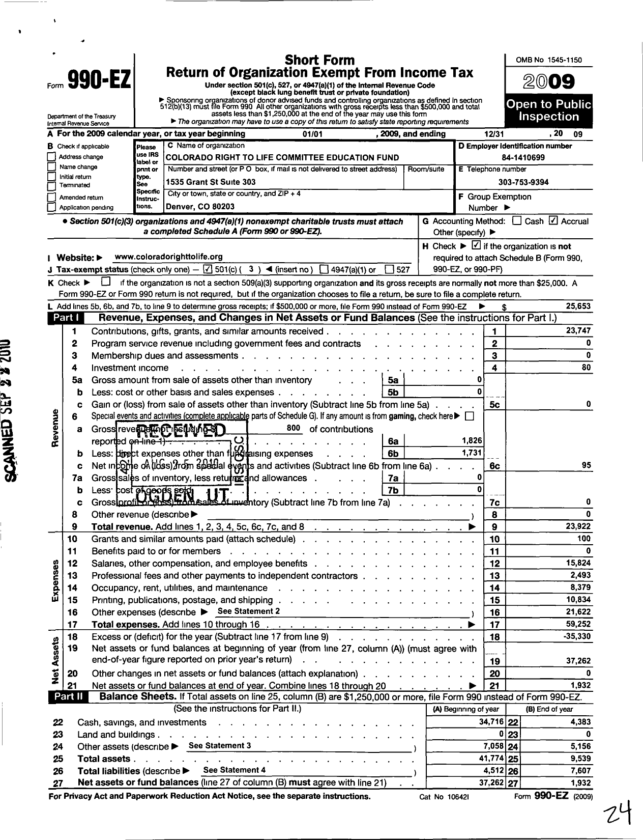 Image of first page of 2009 Form 990EZ for Colorado Right To Life Committee Education Fund