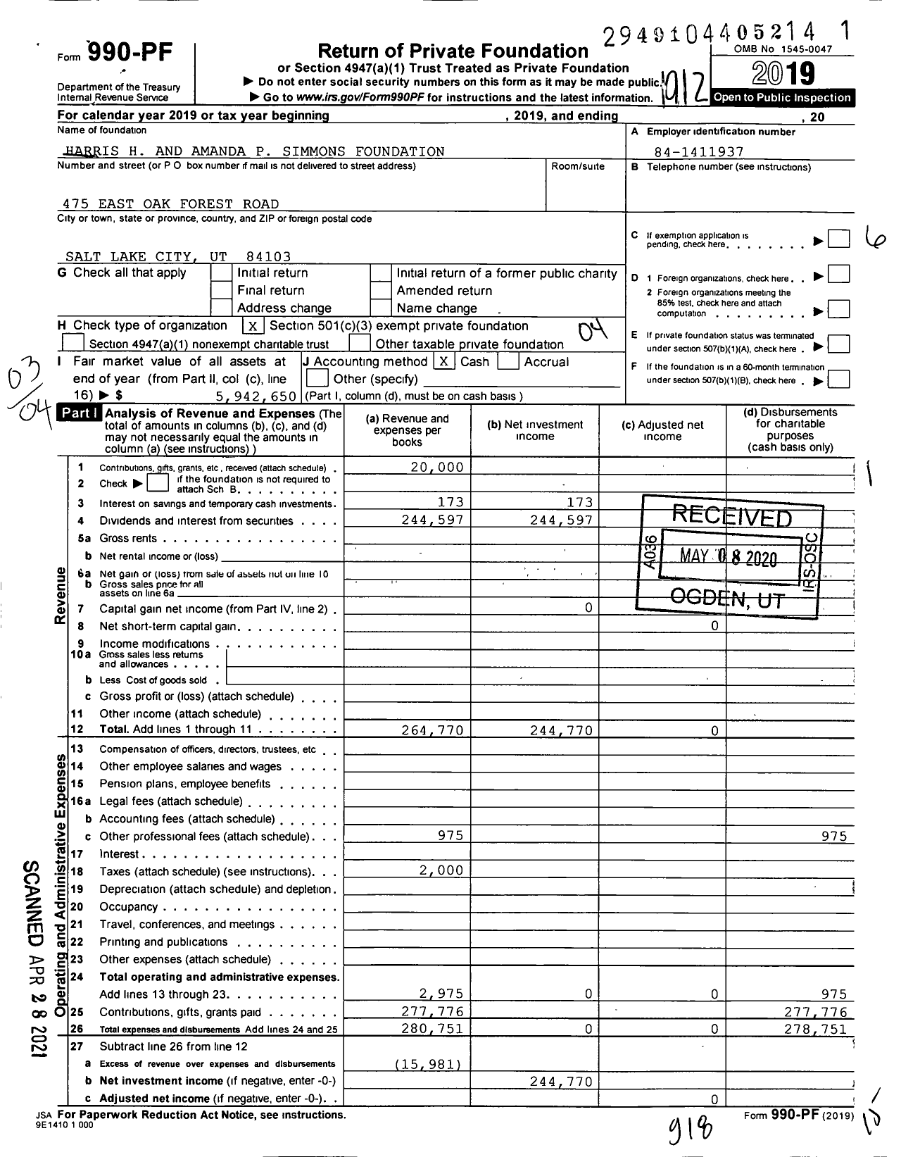 Image of first page of 2019 Form 990PF for Harris H and Amanada P Simmons Foundation