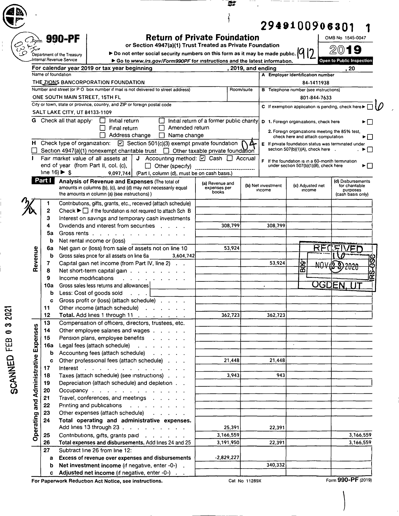 Image of first page of 2019 Form 990PF for The Zions Bancorporation Foundation