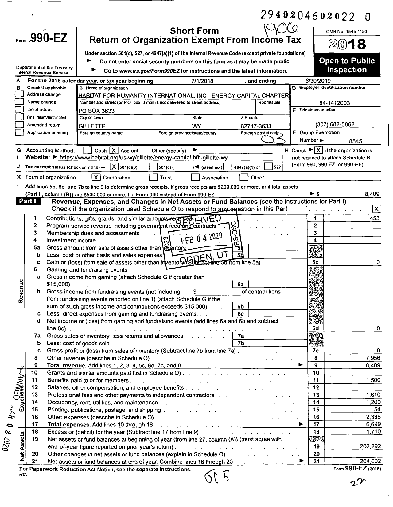 Image of first page of 2018 Form 990EZ for Habitat for Humanity - Energy Capital HFH