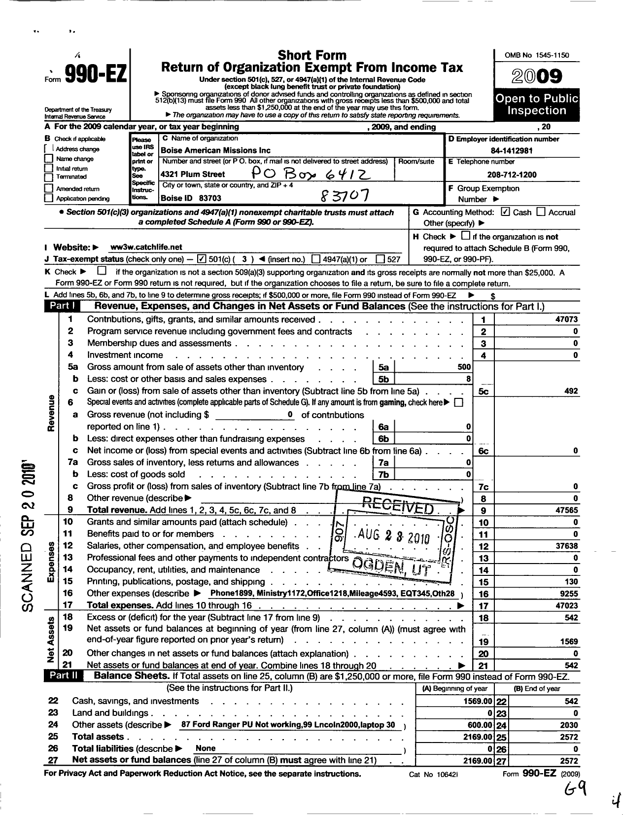 Image of first page of 2009 Form 990EZ for Boise American Missions