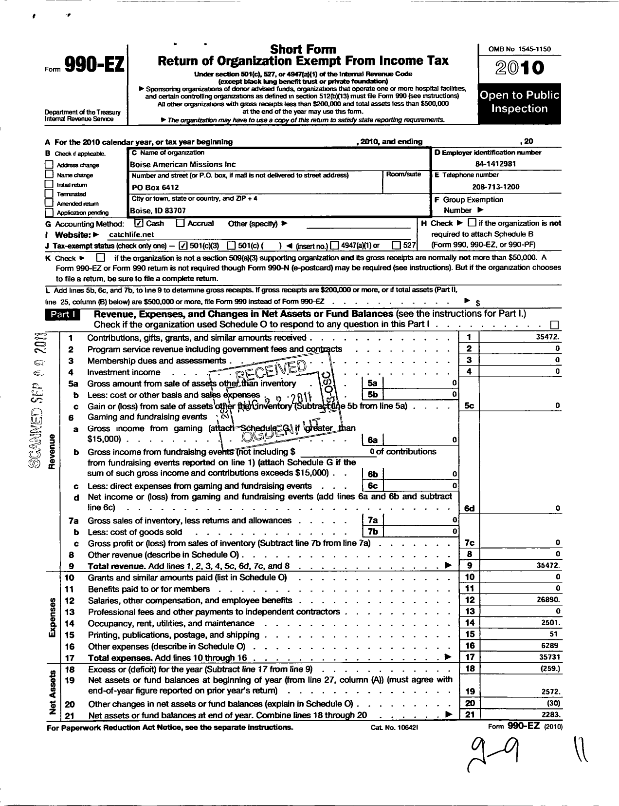 Image of first page of 2010 Form 990EZ for Boise American Missions