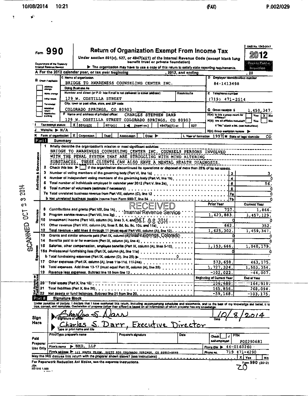 Image of first page of 2012 Form 990 for Bridge To Awareness Counseling Center