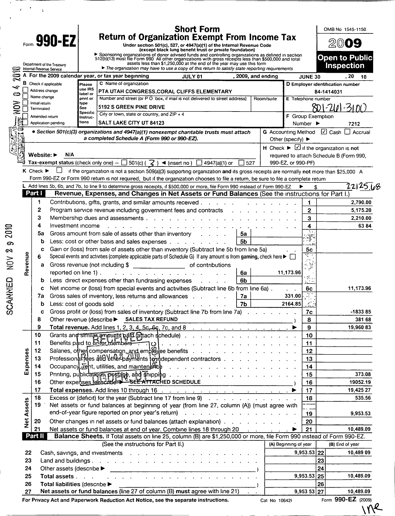 Image of first page of 2009 Form 990EZ for PTA Utah Congress / Coral Cliffs Elementary PTA