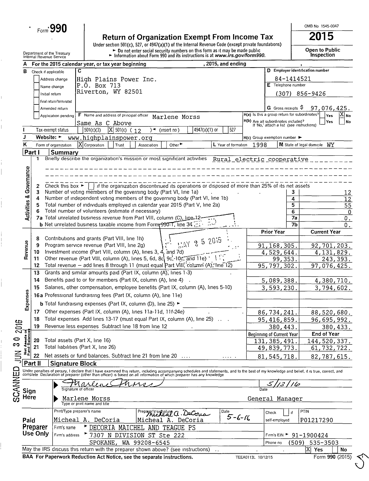 Image of first page of 2015 Form 990O for High Plains Power