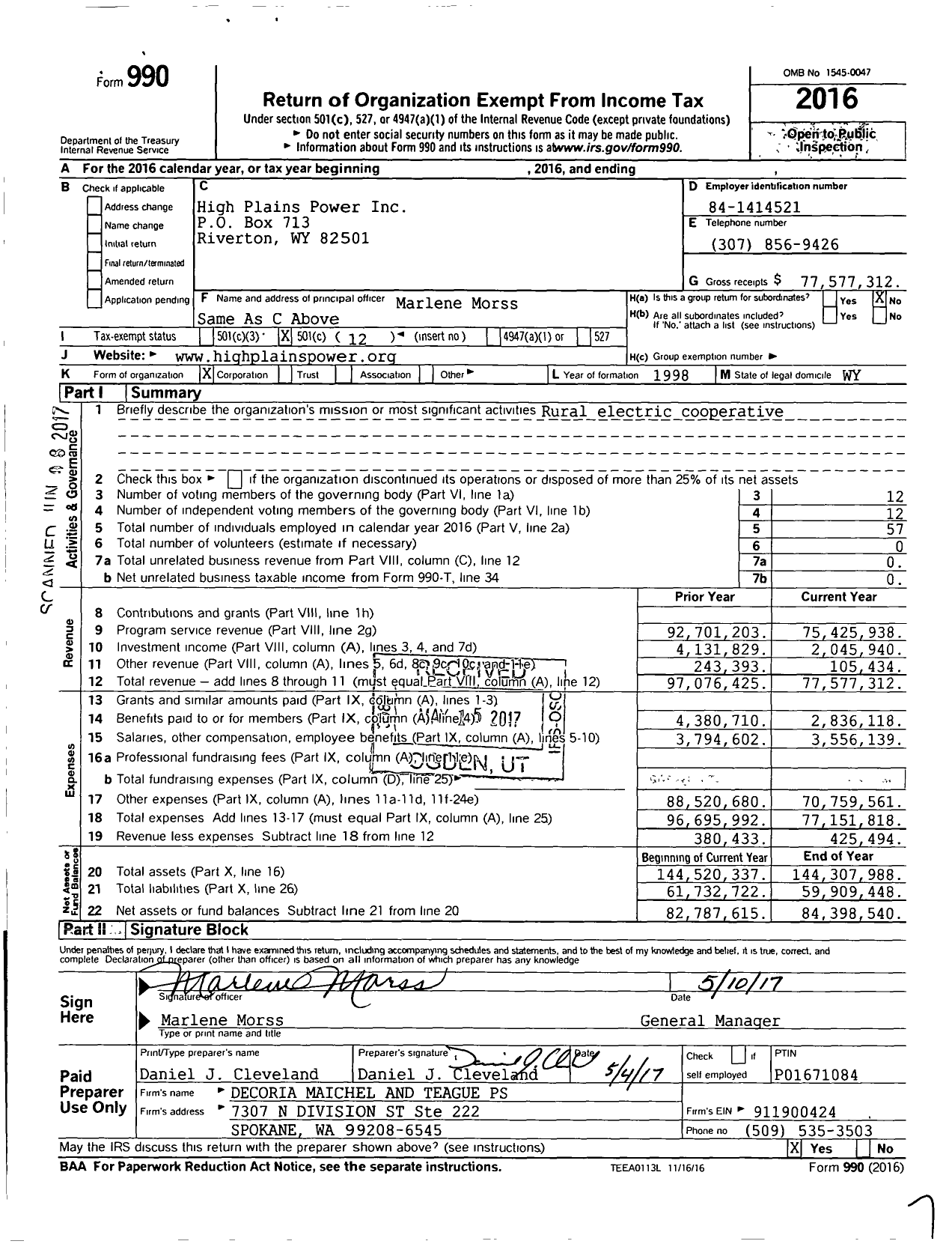 Image of first page of 2016 Form 990O for High Plains Power