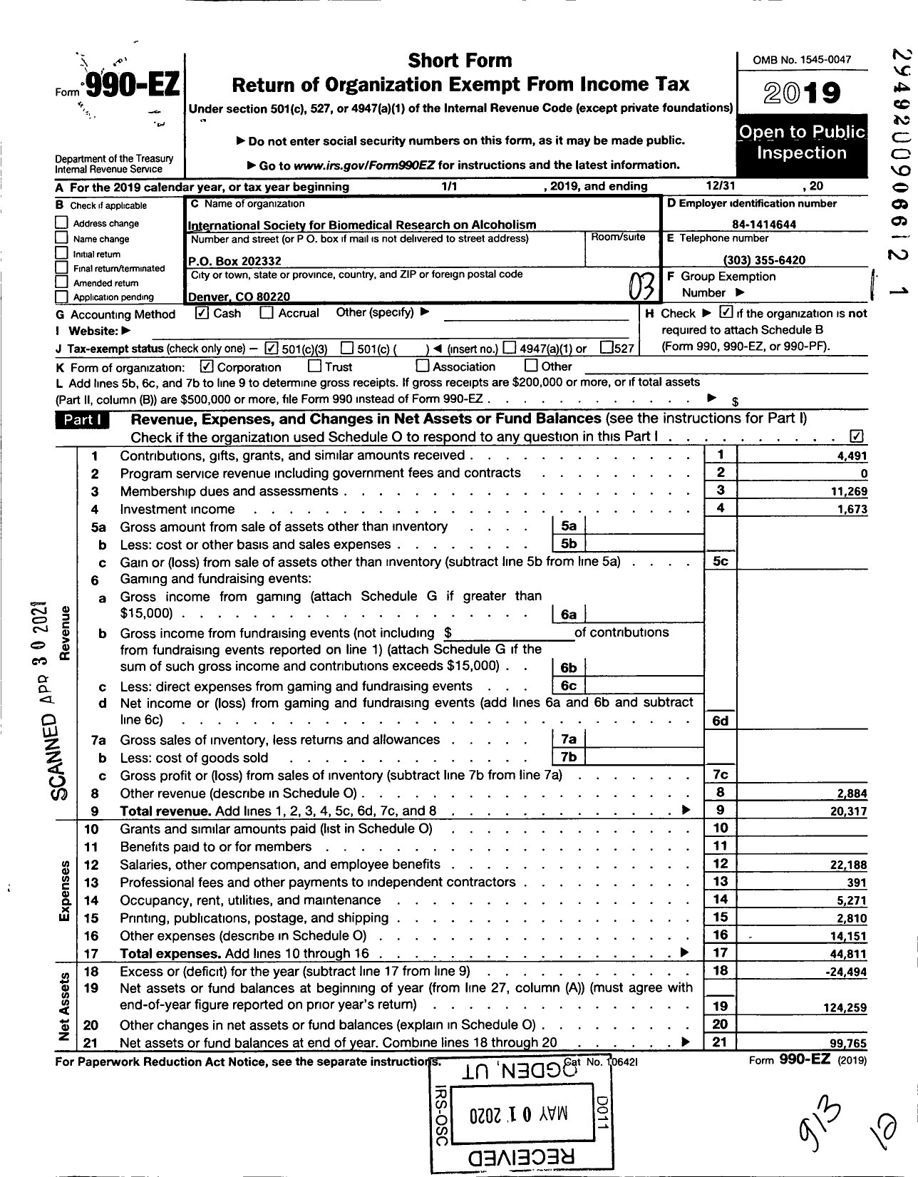 Image of first page of 2019 Form 990EZ for International Society for Biomedical Research on Alcoholism