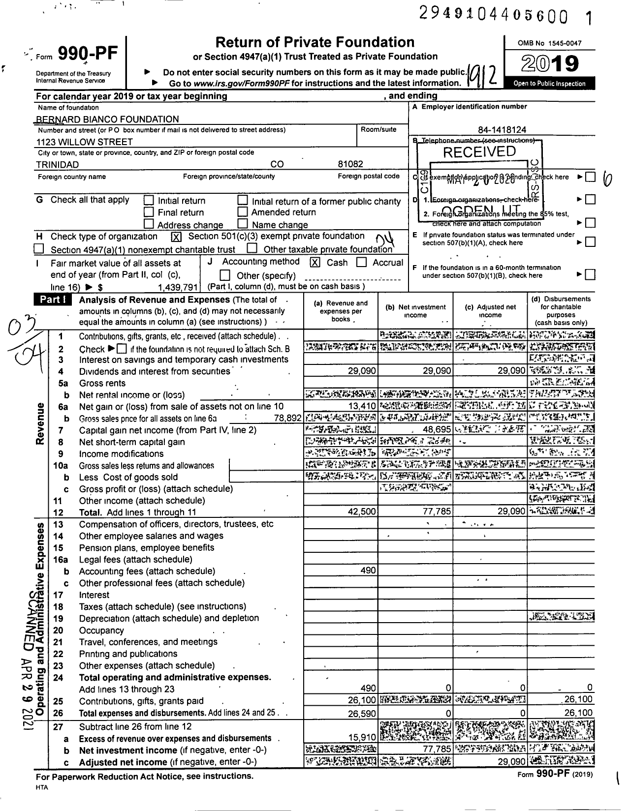 Image of first page of 2019 Form 990PF for Bernard Bianco Foundation