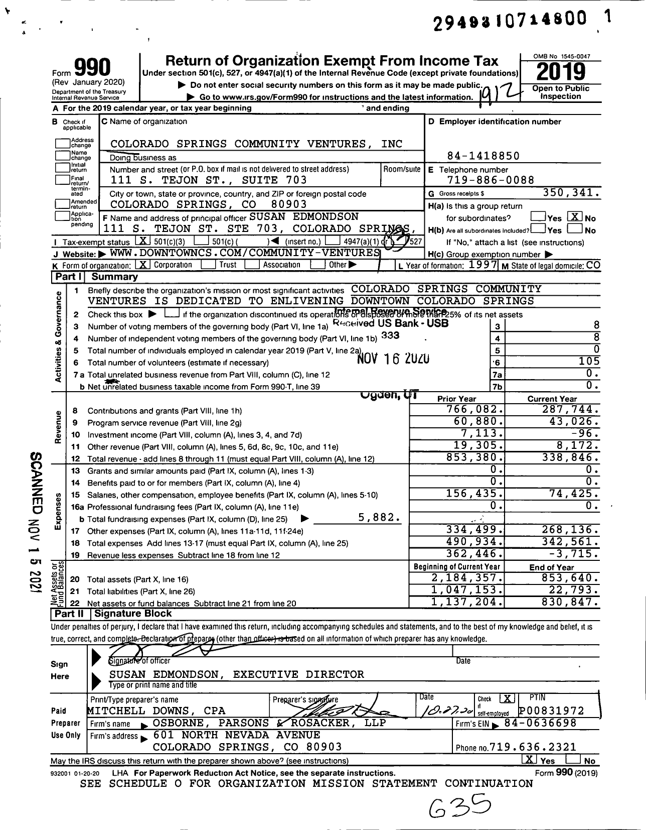 Image of first page of 2019 Form 990 for Colorado Springs Community Ventures