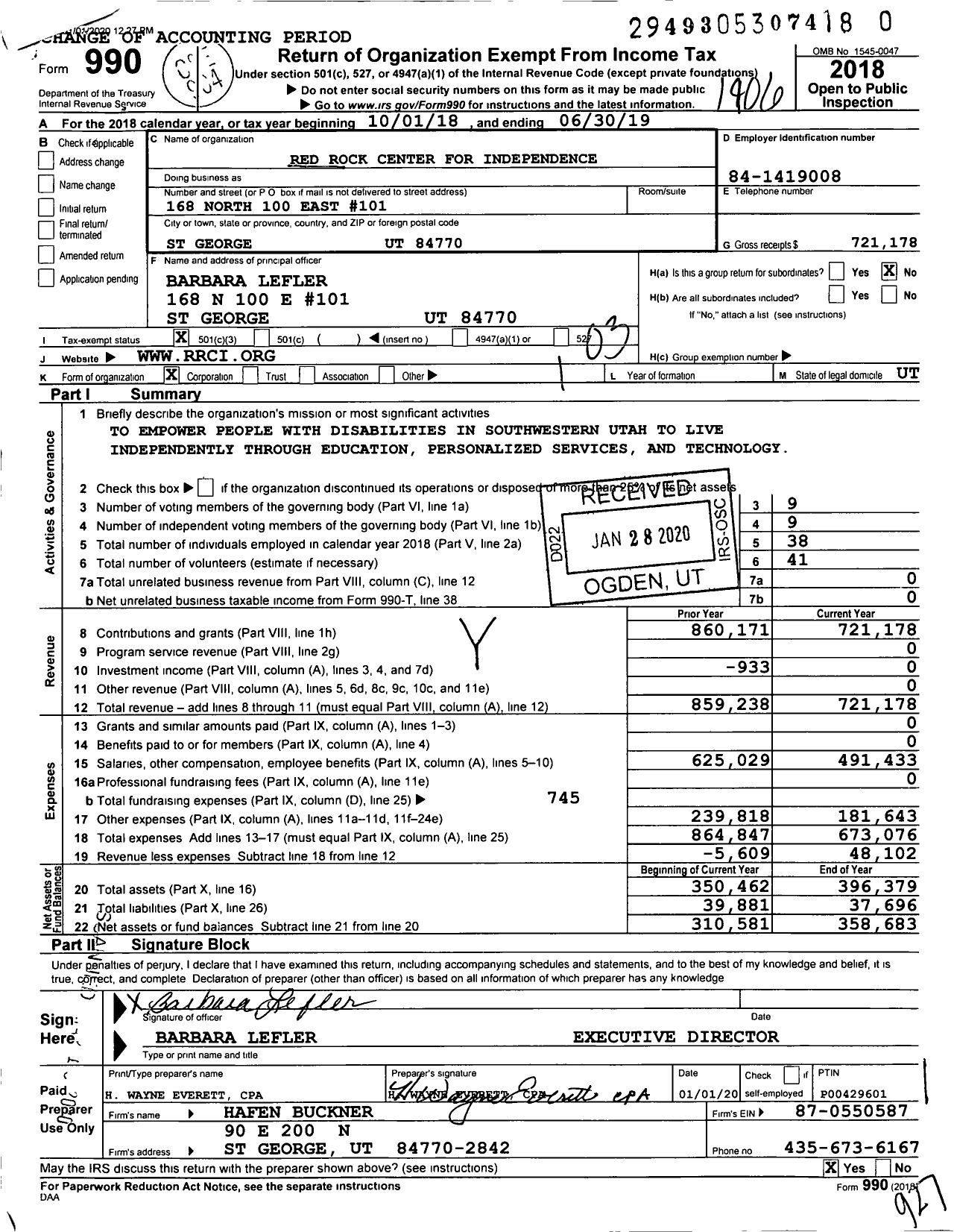 Image of first page of 2018 Form 990 for Red Rock Center for Independence