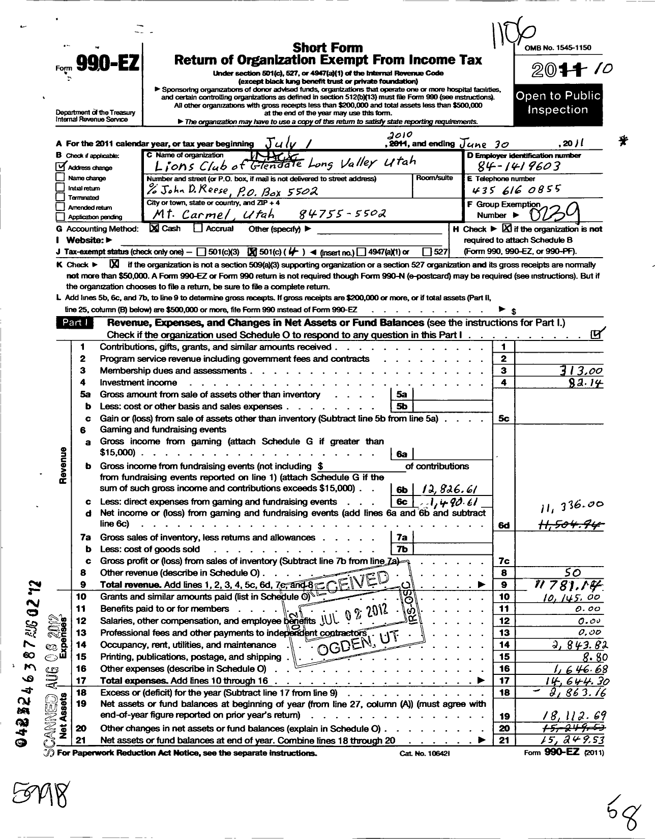 Image of first page of 2010 Form 990EO for Lions Clubs - 38288 Glendale Long Valley