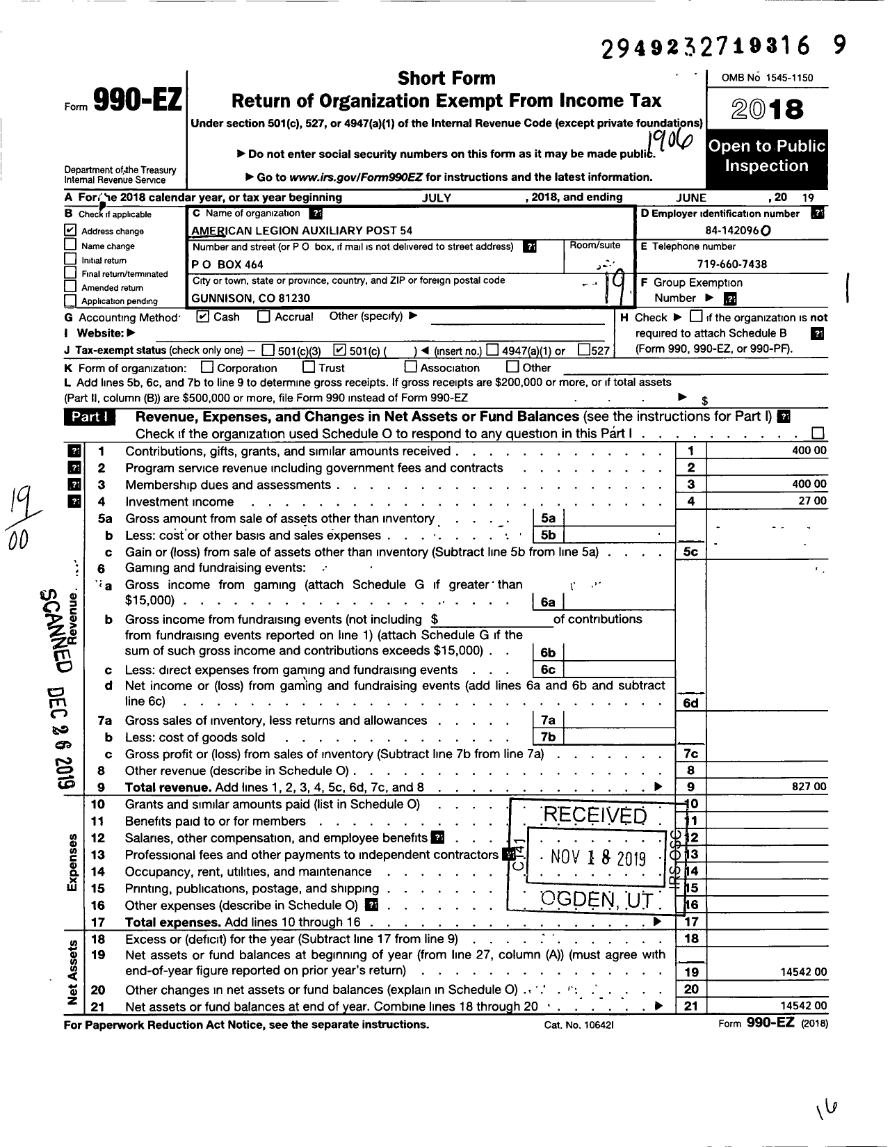 Image of first page of 2018 Form 990EO for American Legion Auxiliary - 54 Robert A Watters