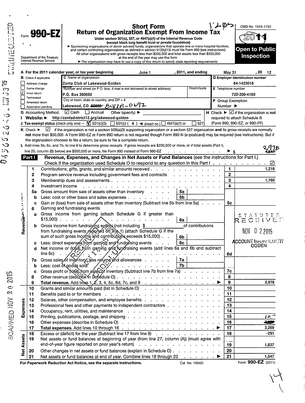 Image of first page of 2011 Form 990EZ for Zonta International / Lakewood-Golden