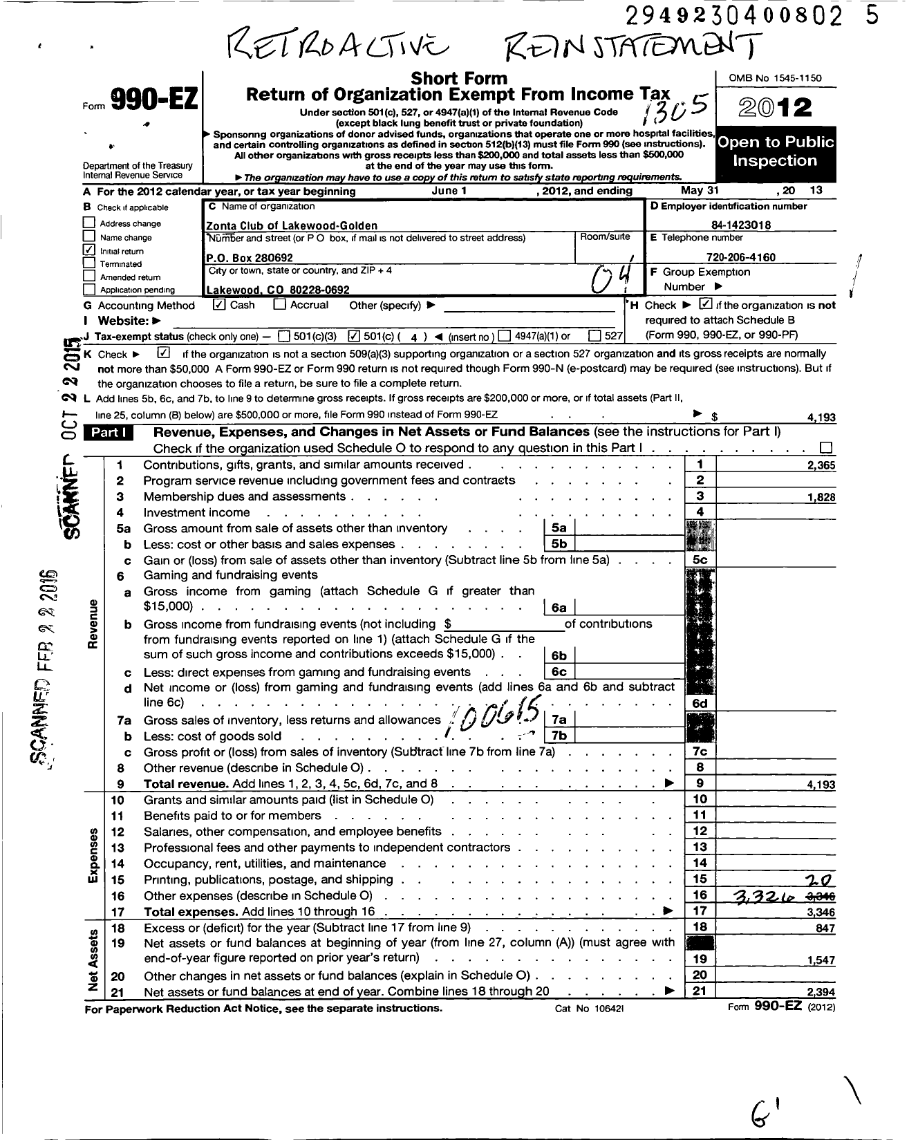 Image of first page of 2012 Form 990EO for Zonta International / Lakewood-Golden