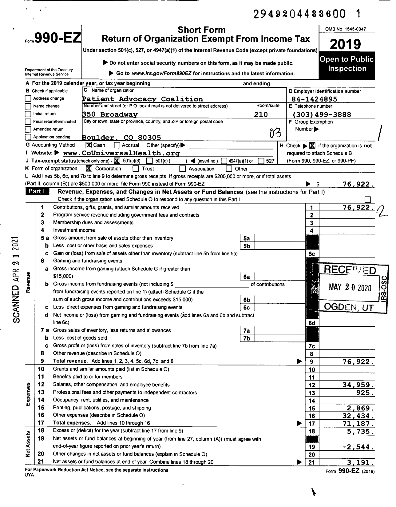 Image of first page of 2019 Form 990EZ for Patient Advocacy Coalition