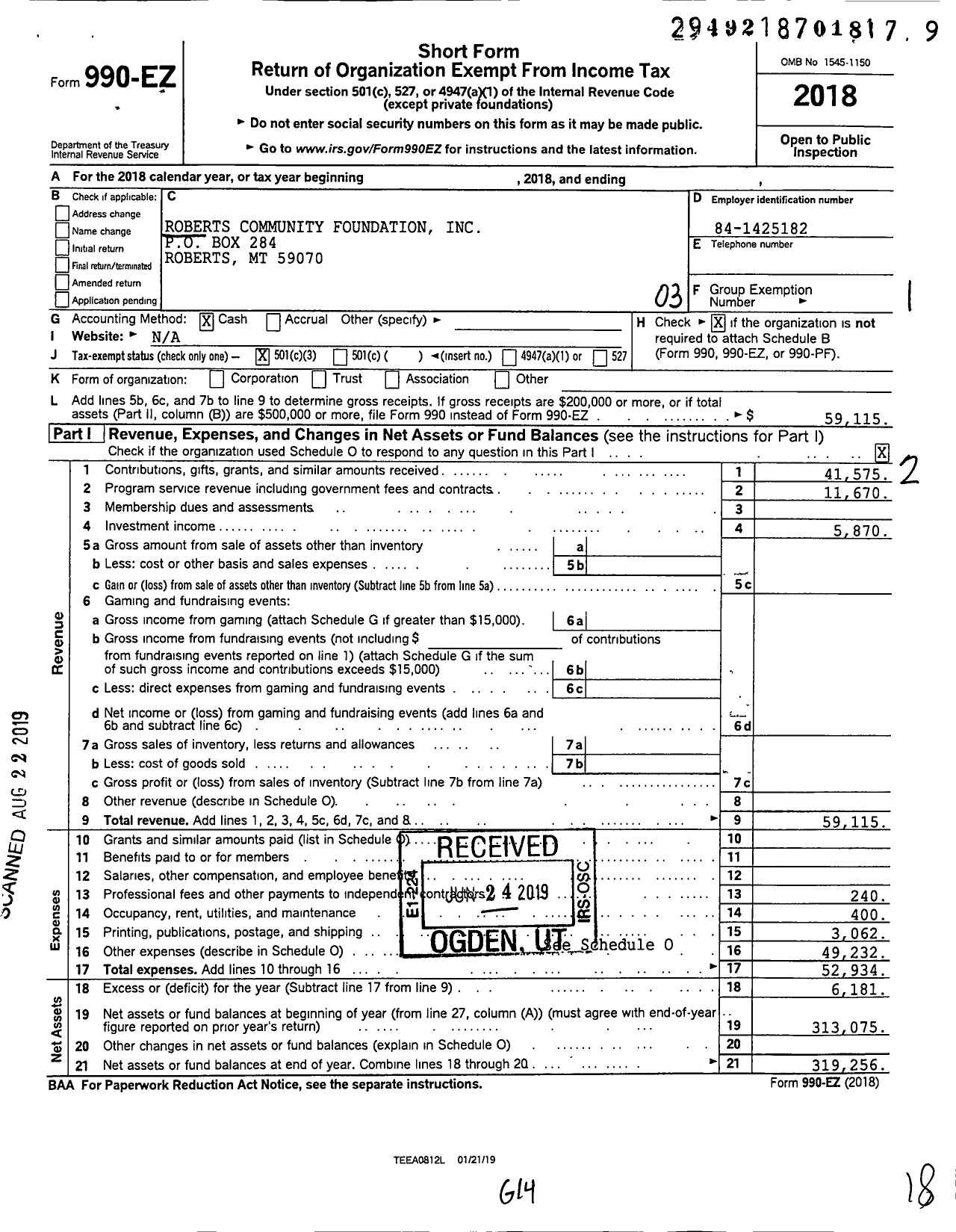 Image of first page of 2018 Form 990EZ for Roberts Community Foundation