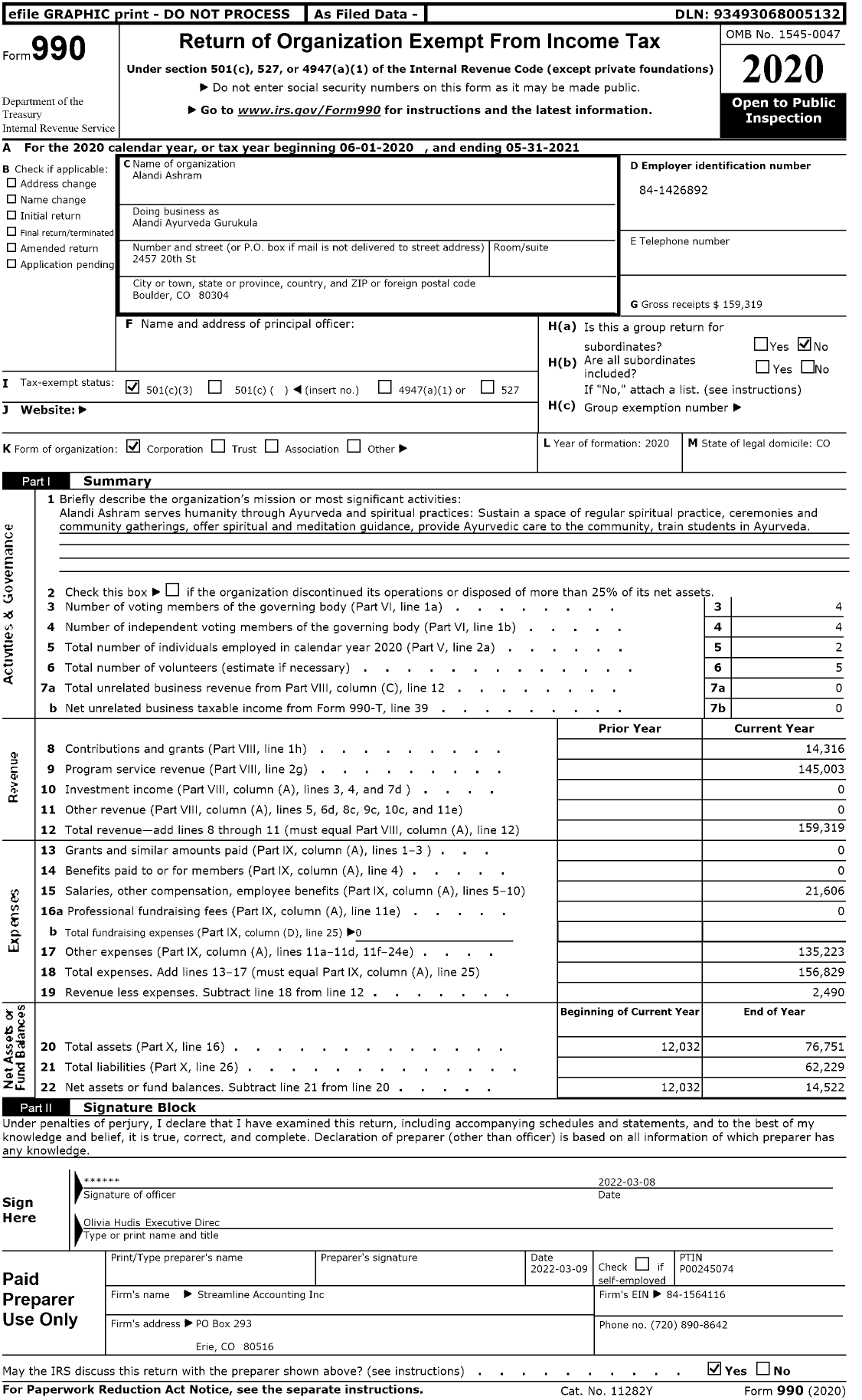 Image of first page of 2020 Form 990 for Alandi Ayurveda Gurukula