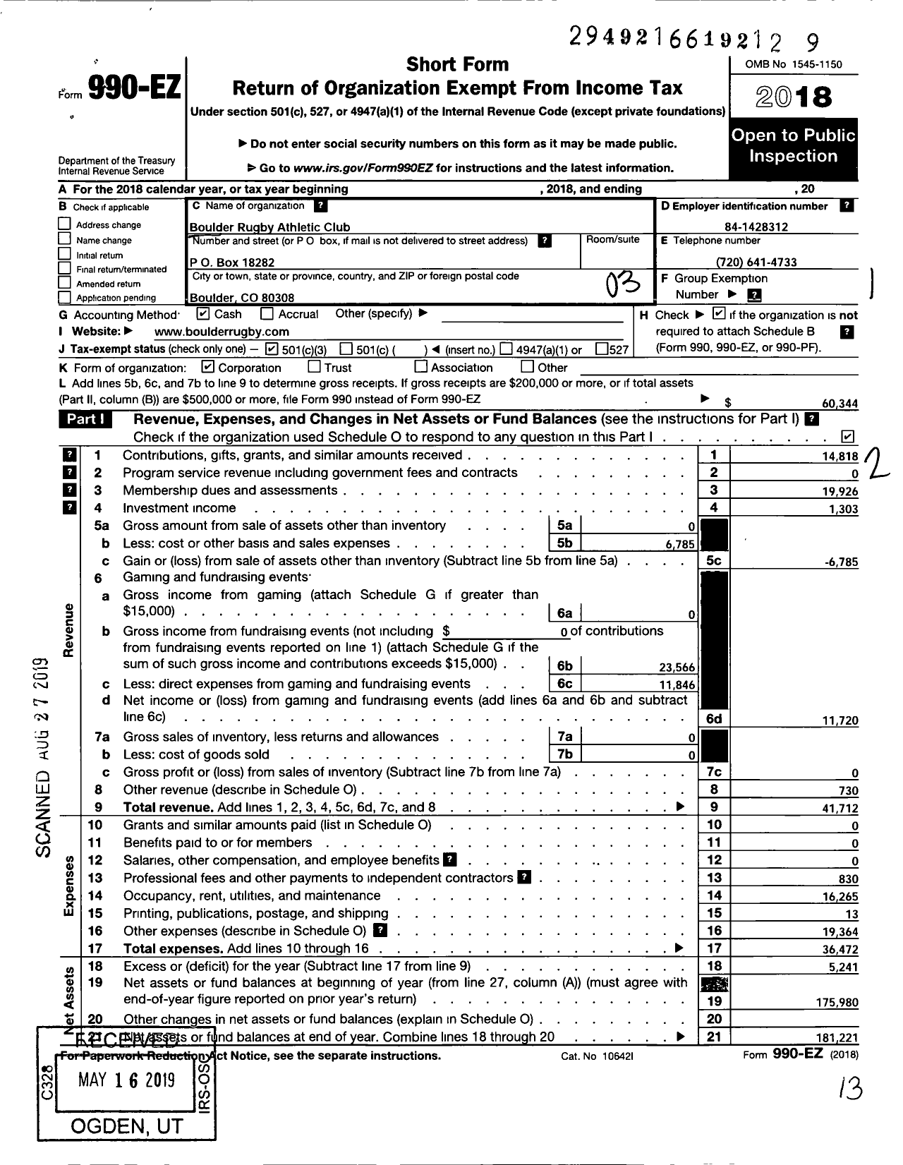 Image of first page of 2018 Form 990EZ for Boulder Rugby Athletic Club