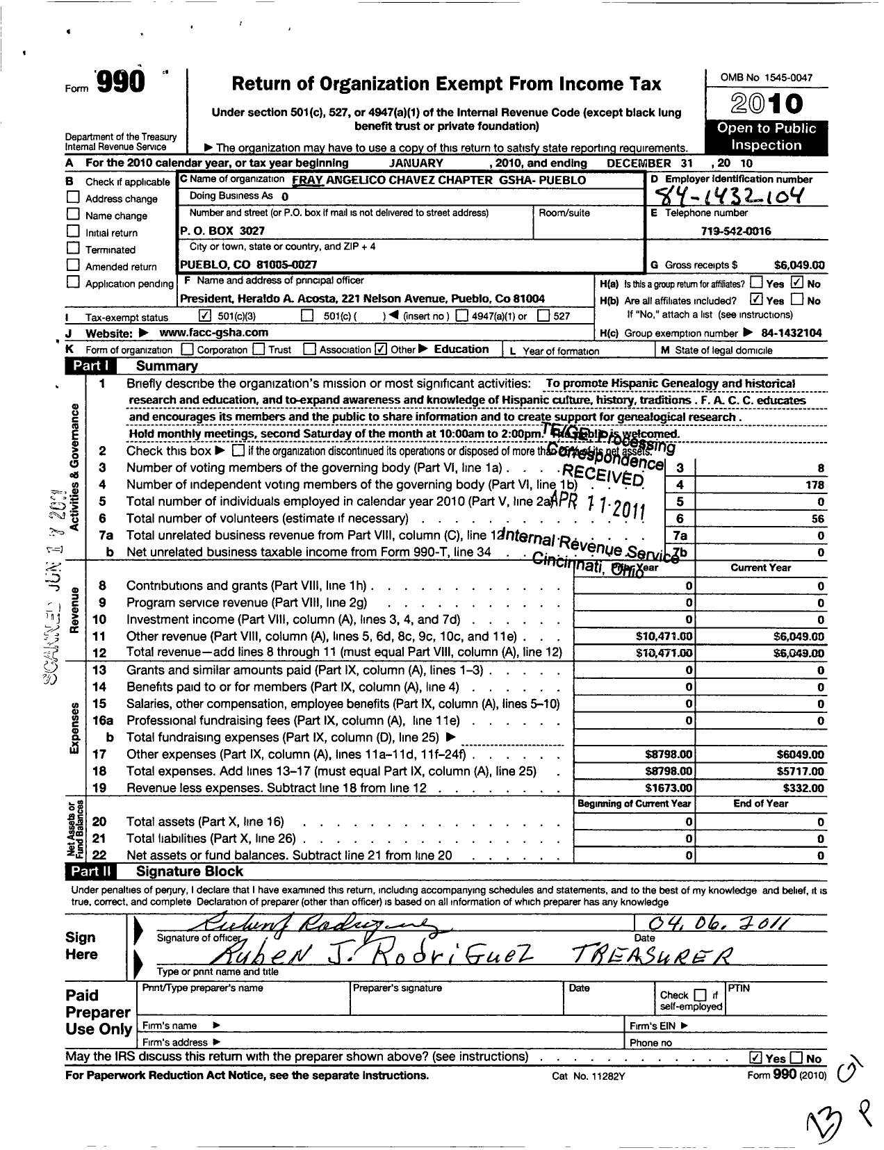 Image of first page of 2010 Form 990 for Fray Angelico Chavez Chapter Gsha- Pueblo