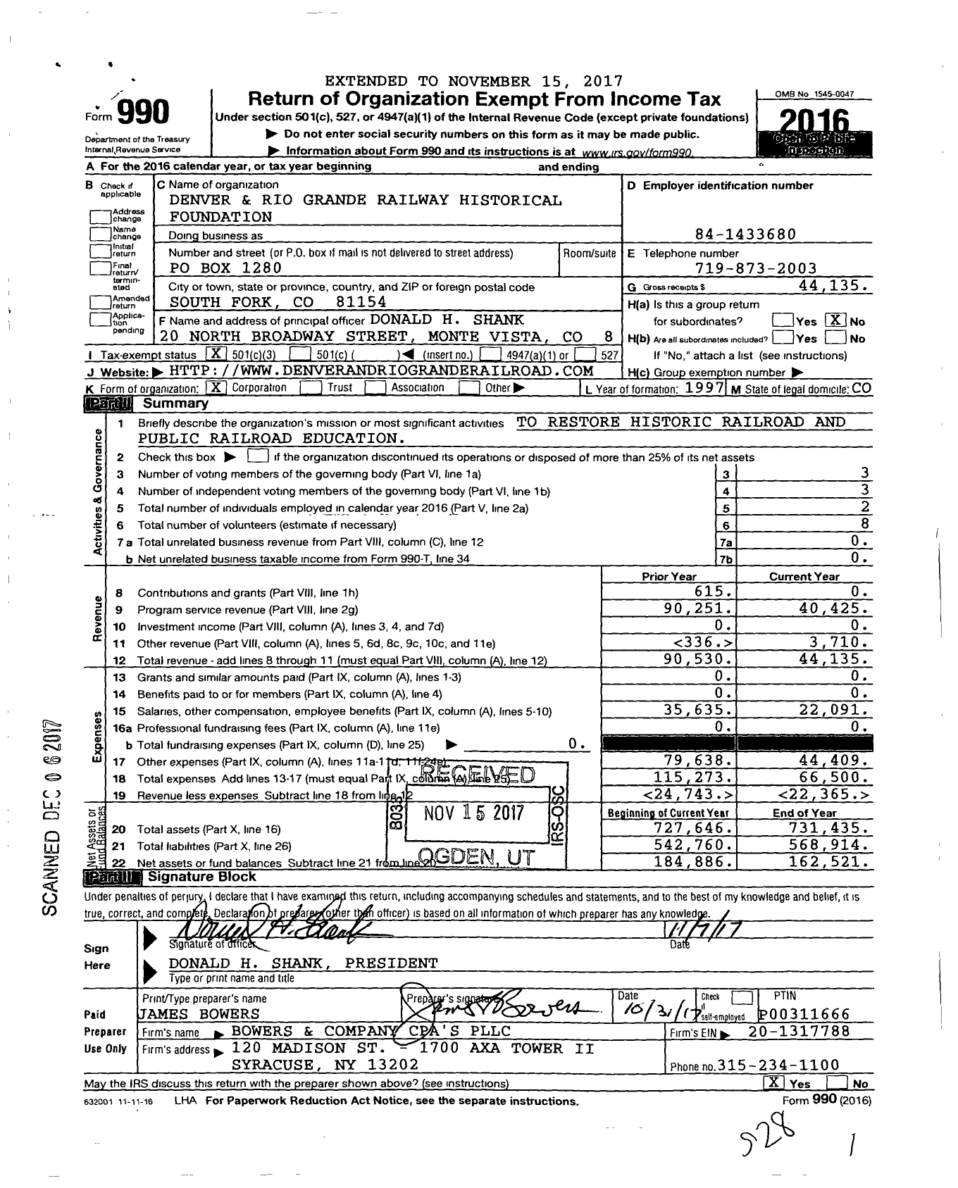 Image of first page of 2016 Form 990 for Denver and Rio Grande Railway Historical Foundation