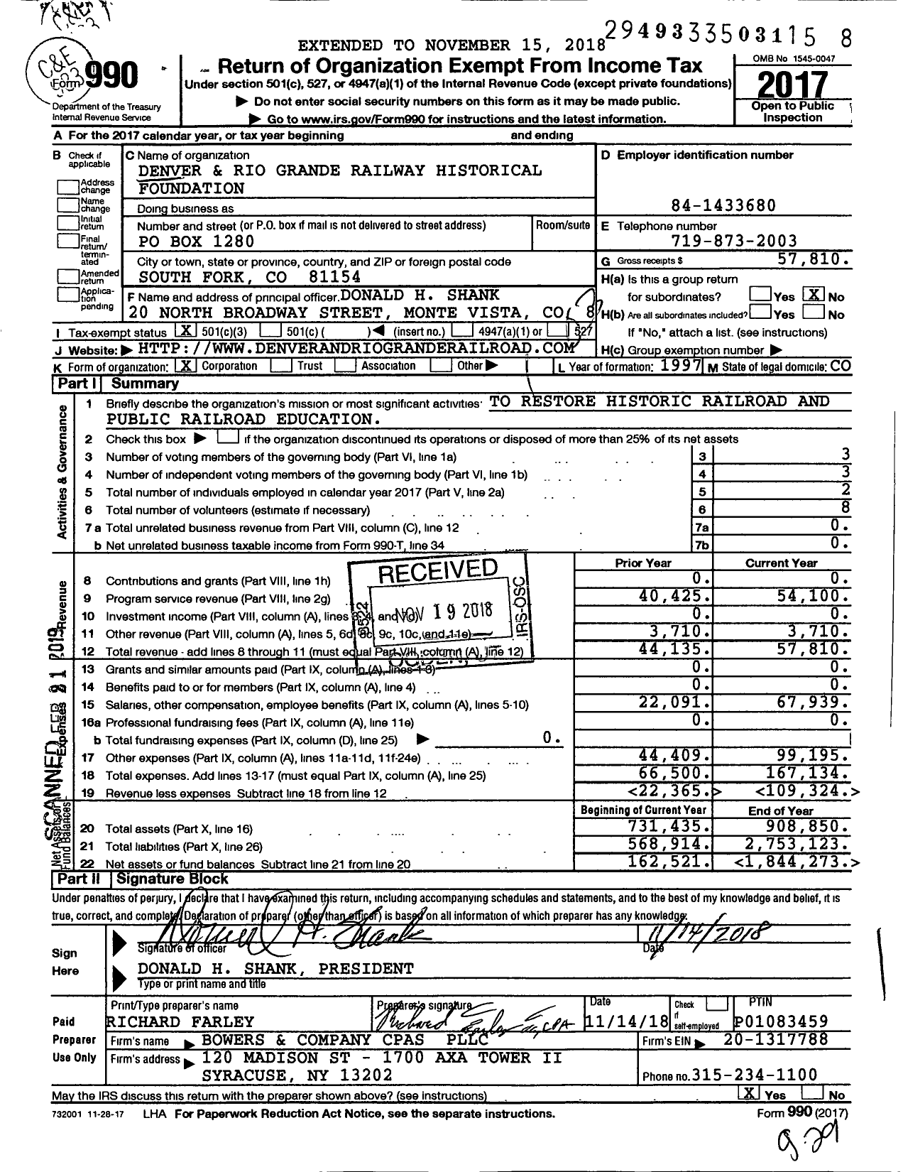 Image of first page of 2017 Form 990 for Denver and Rio Grande Railway Historical Foundation