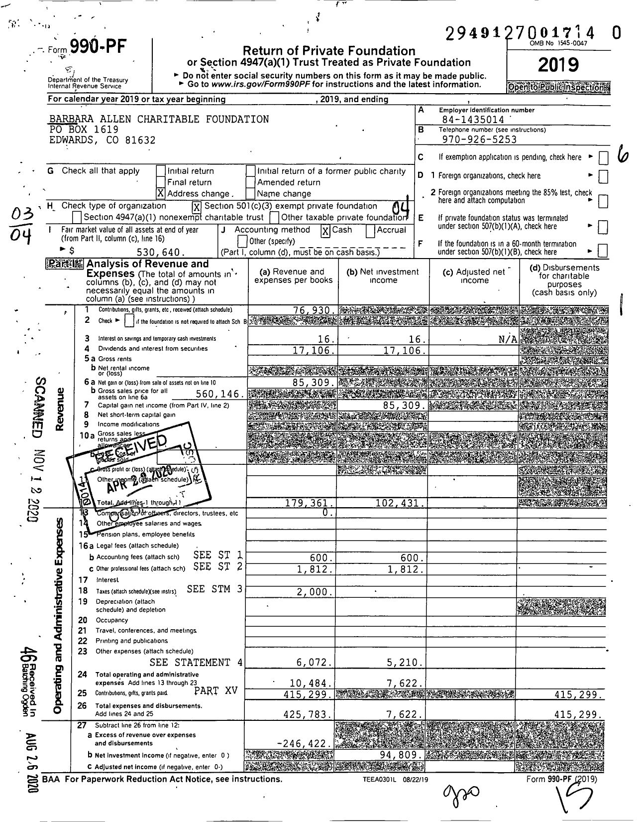 Image of first page of 2019 Form 990PF for Barbara Allen Charitable Foundation