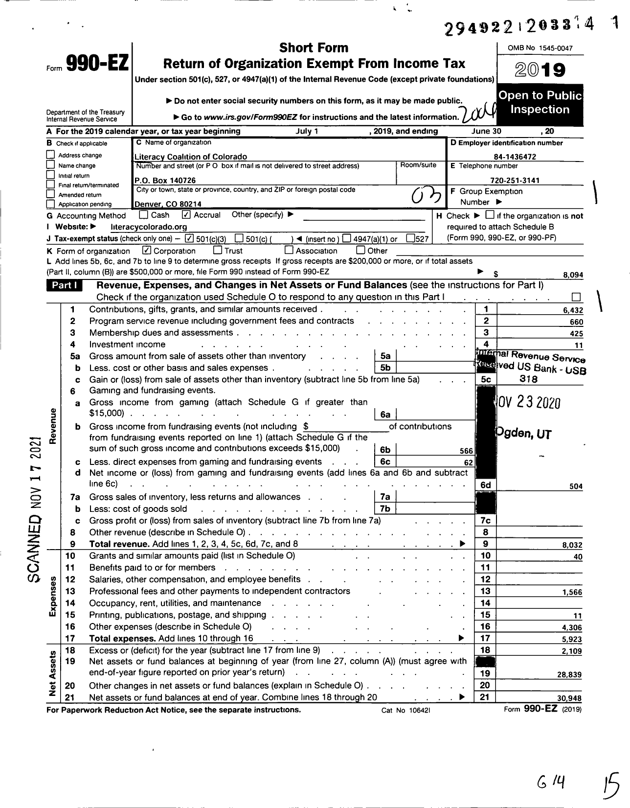 Image of first page of 2019 Form 990EZ for Literacy Coalition of Colorado