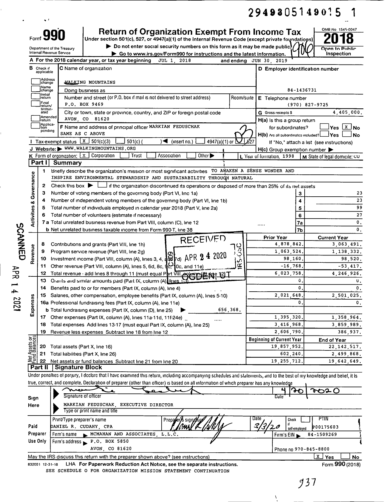 Image of first page of 2018 Form 990 for Walking Mountains