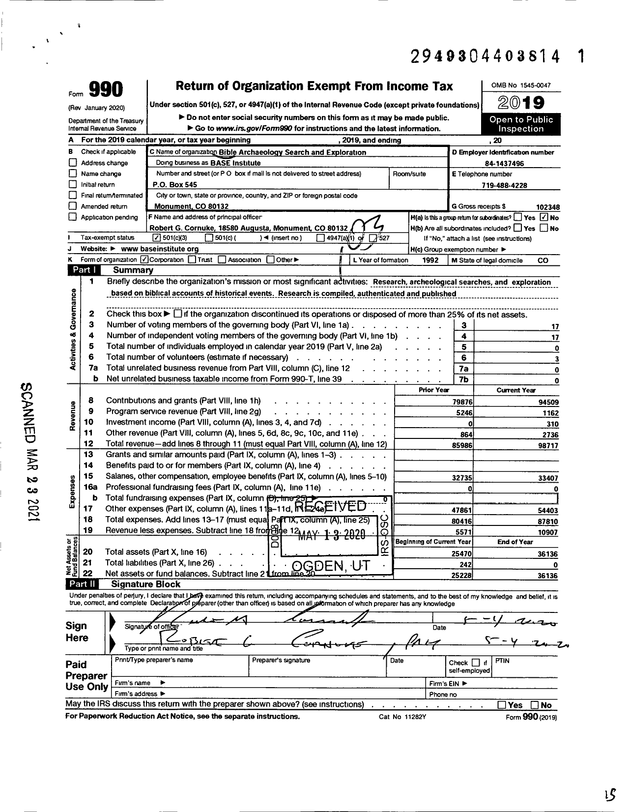 Image of first page of 2019 Form 990 for Bible Archeology Search and Exploration Foundation