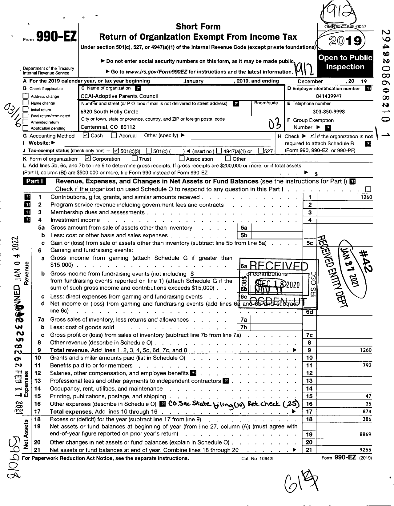 Image of first page of 2019 Form 990EZ for Ccai Adoptive Parents Council