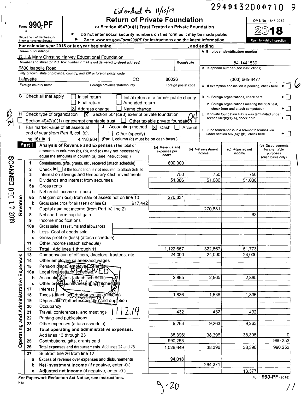 Image of first page of 2018 Form 990PF for OJ & Mary Christine Harvey Educational Foundation