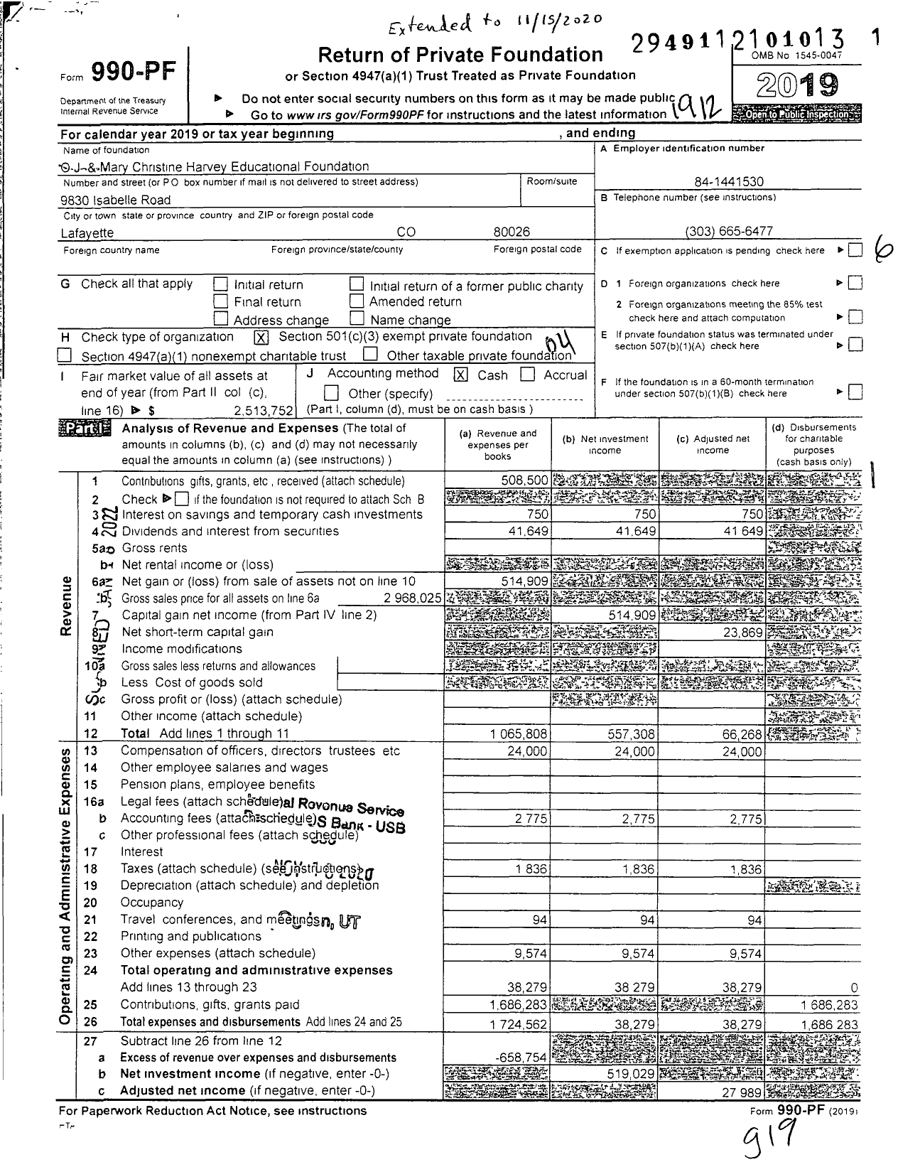 Image of first page of 2019 Form 990PF for OJ & Mary Christine Harvey Educational Foundation