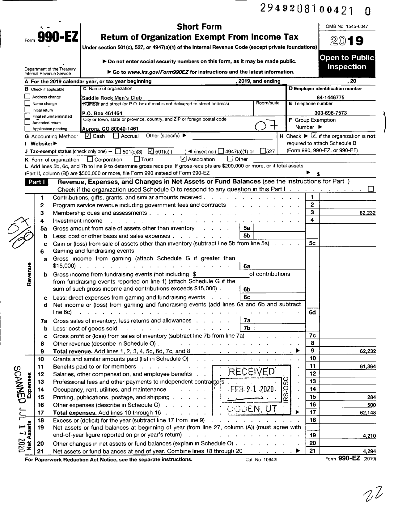 Image of first page of 2019 Form 990EO for Saddle Rock Men's Club