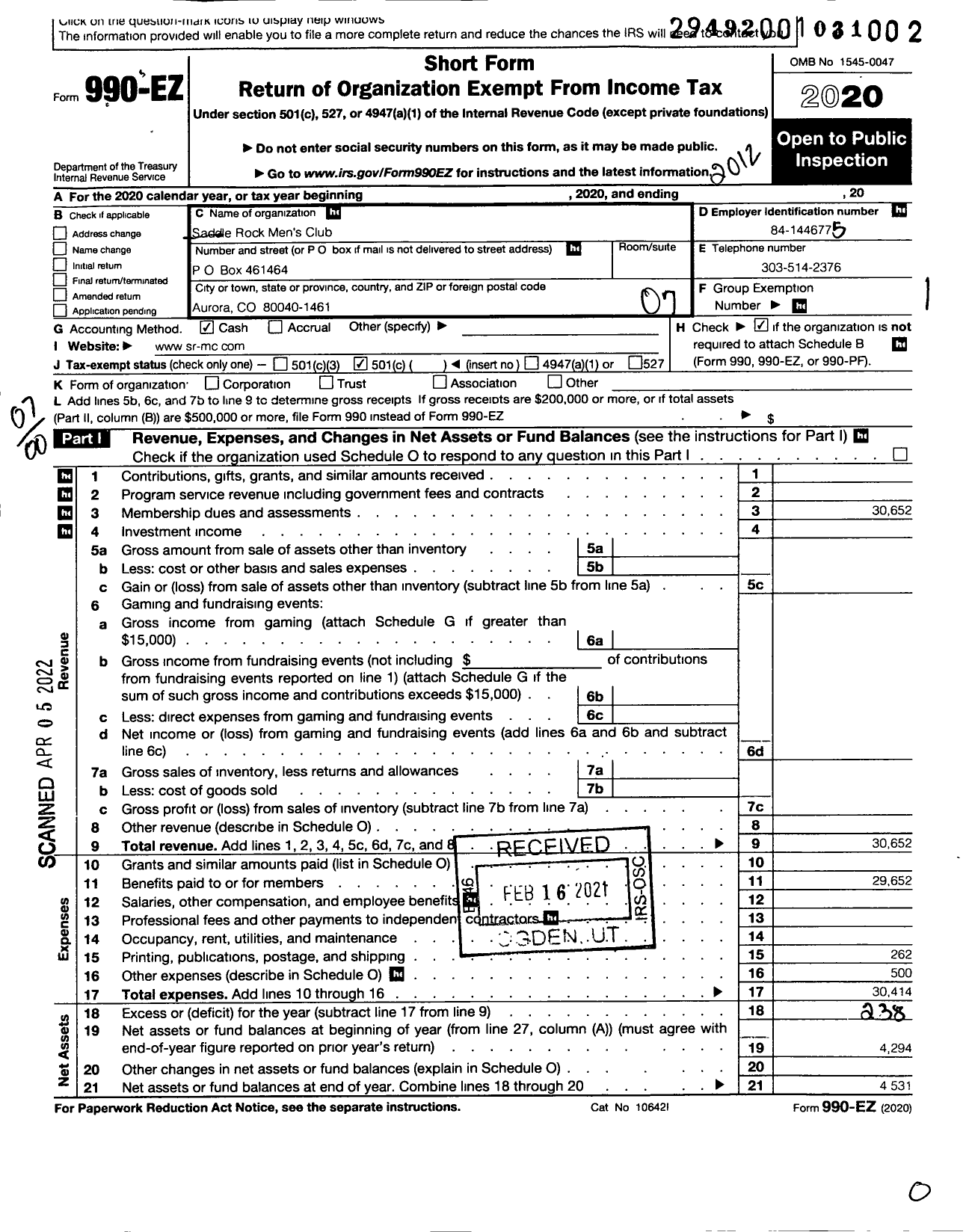 Image of first page of 2020 Form 990EO for Saddle Rock Men's Club