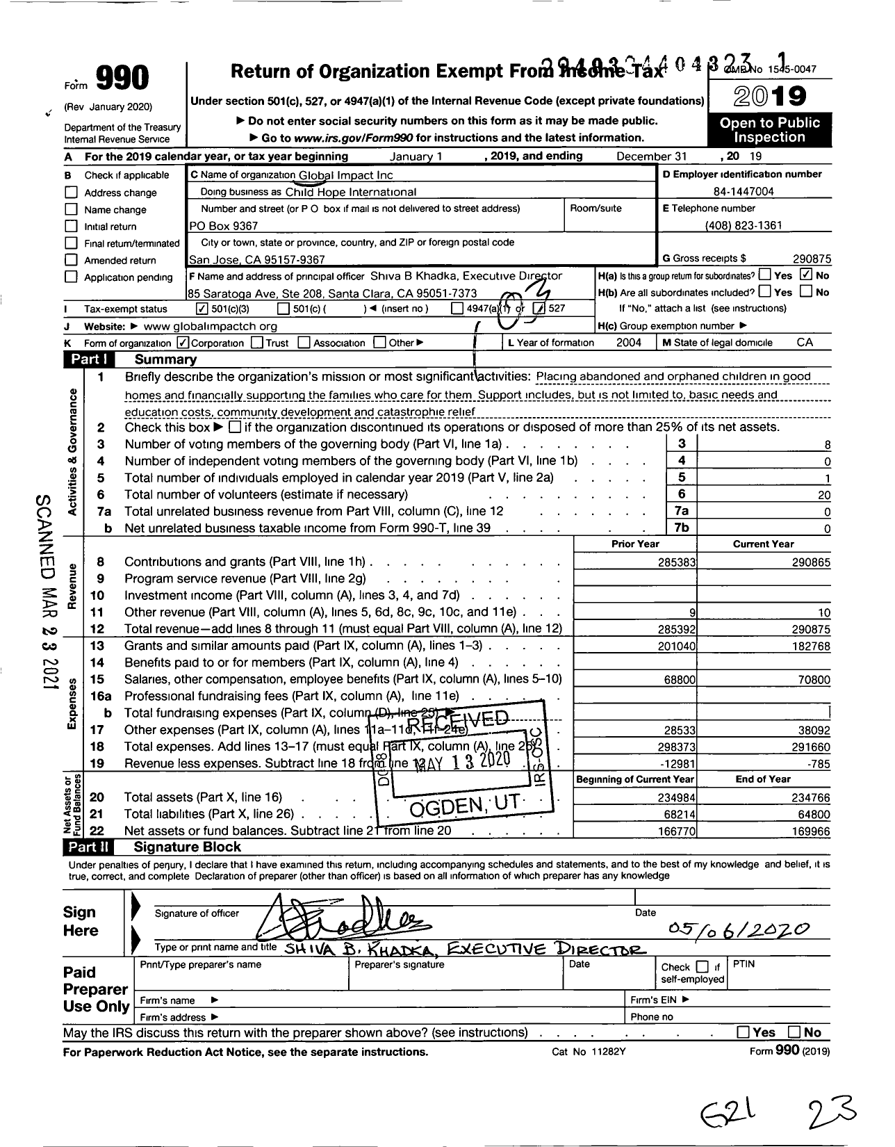 Image of first page of 2019 Form 990 for Child Hope International / Global Impact Inc